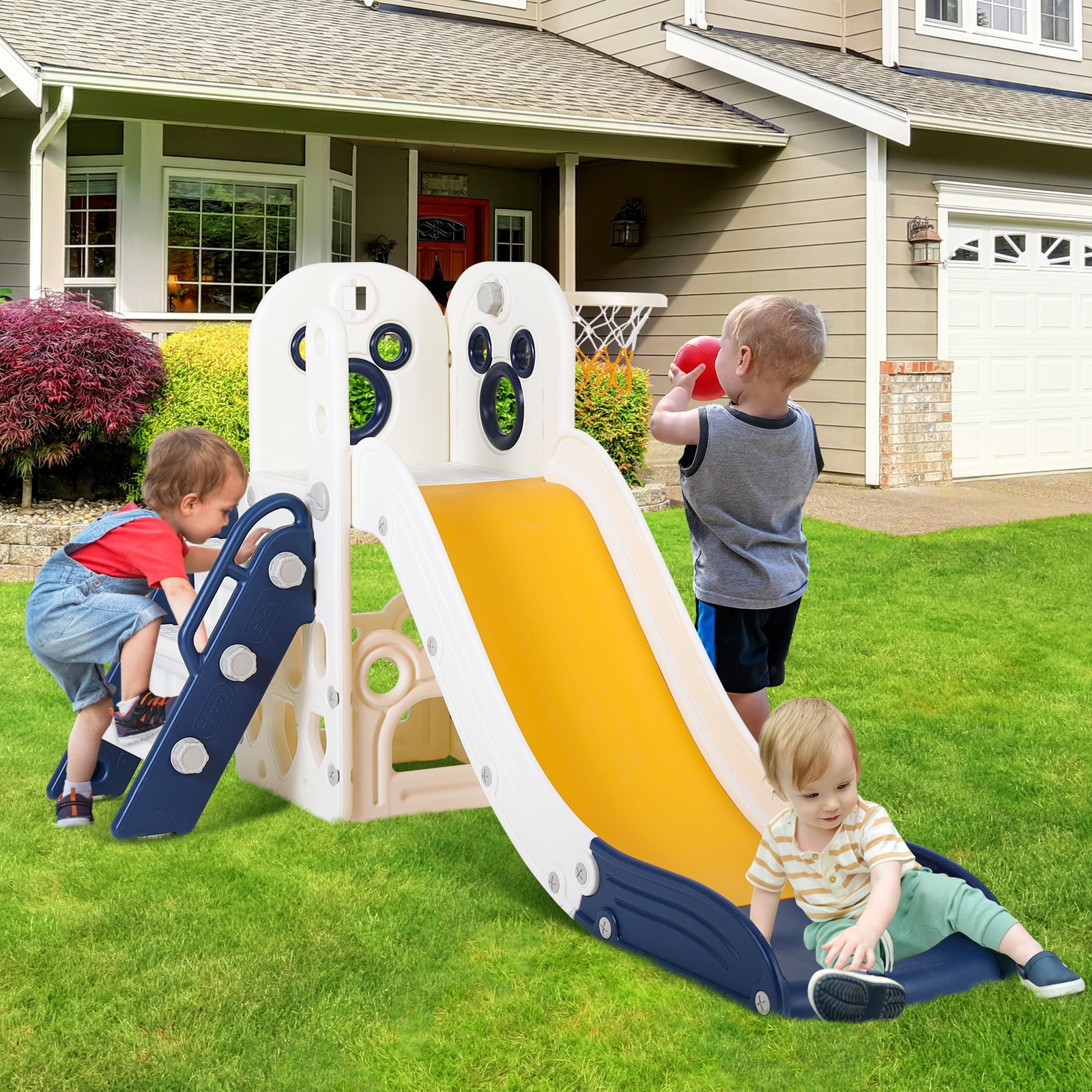 Arlopu 4-in-1 Toddler Slide and Climber Playset with Basketball Hoop (Blue, 60 in L x 18 in W x 30 in H) h7hyo