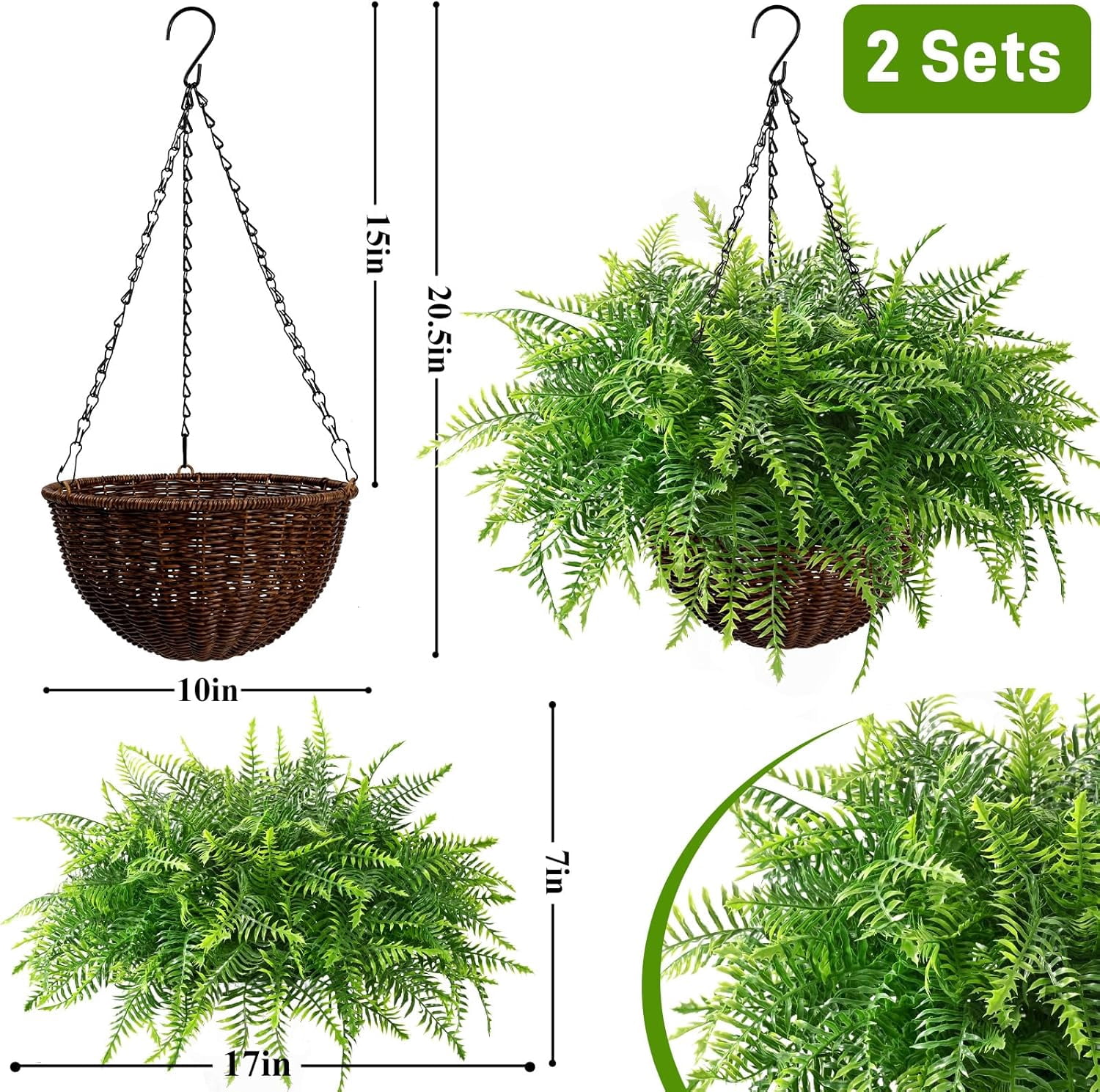Yastouay Artificial Hanging Boston Ferns with Baskets, UV-Resistant Faux Plants for Indoor and Outdoor Home Porch Decor (Green, 2 Pcs, 17 in) xziwy
