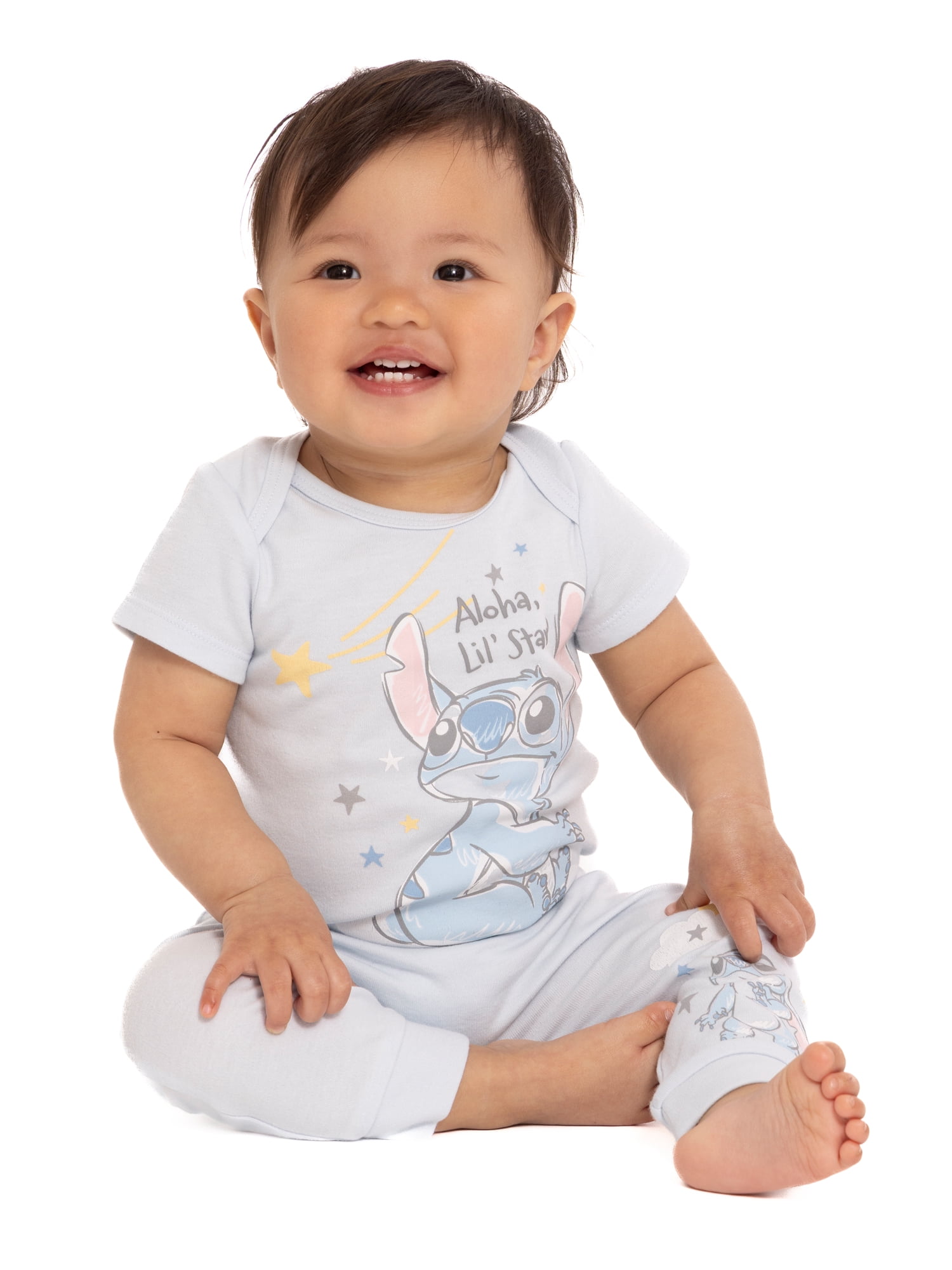 Lilo & Stitch Baby Bodysuit Set, Soft Cotton Blend Short Sleeve Rompers (Blue, 3-Pack) qr5sm