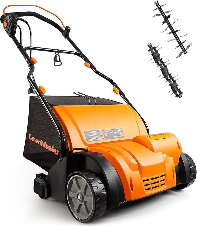 LawnMaster 13 Amp Electric Dethatcher and Scarifier with 10.5 Gallon Collection Bag (Orange, 15 in) bl4x6