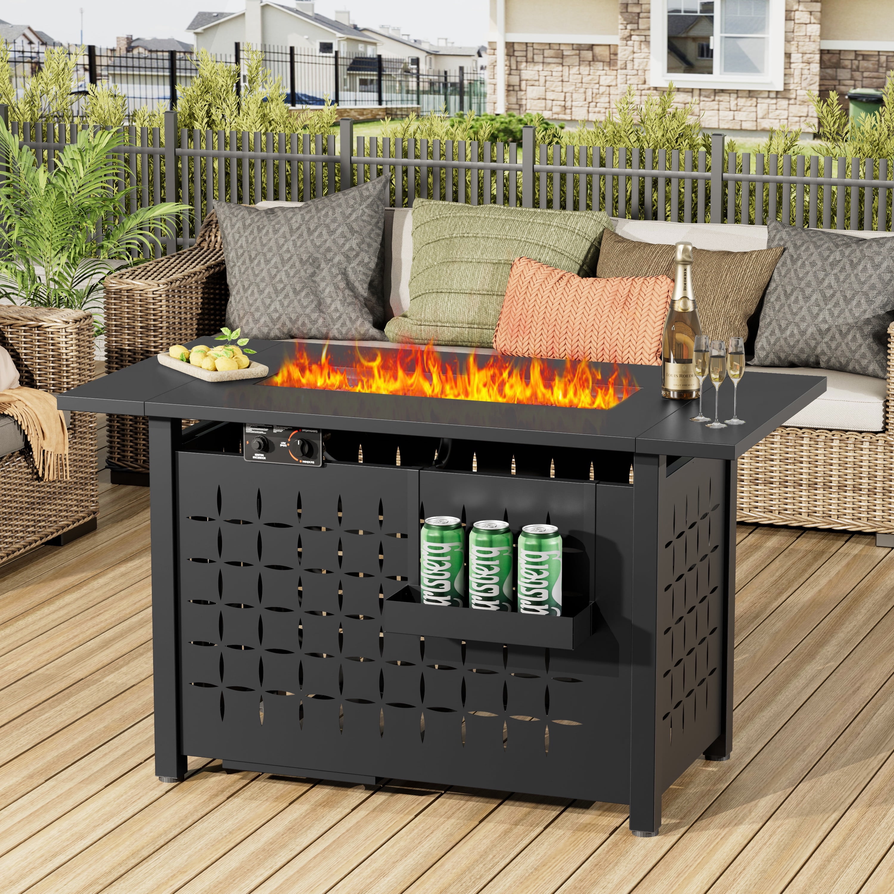 Segmart 43 in Propane Fire Pit Table, Outdoor Gas Fire Pit with Hanging Basket, Lid, and Lava Rocks (Black, 43 in) cmtzk