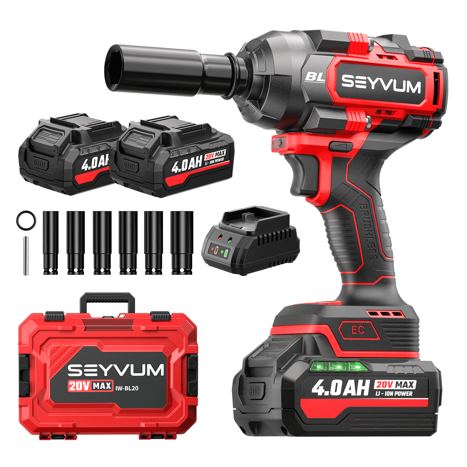 SEYVUM Cordless Impact Wrench 1/2 Inch, 900 ft-lb High Torque Brushless Power Driver (20V, 2x 4.0Ah Batteries, 3500 RPM) omyqq