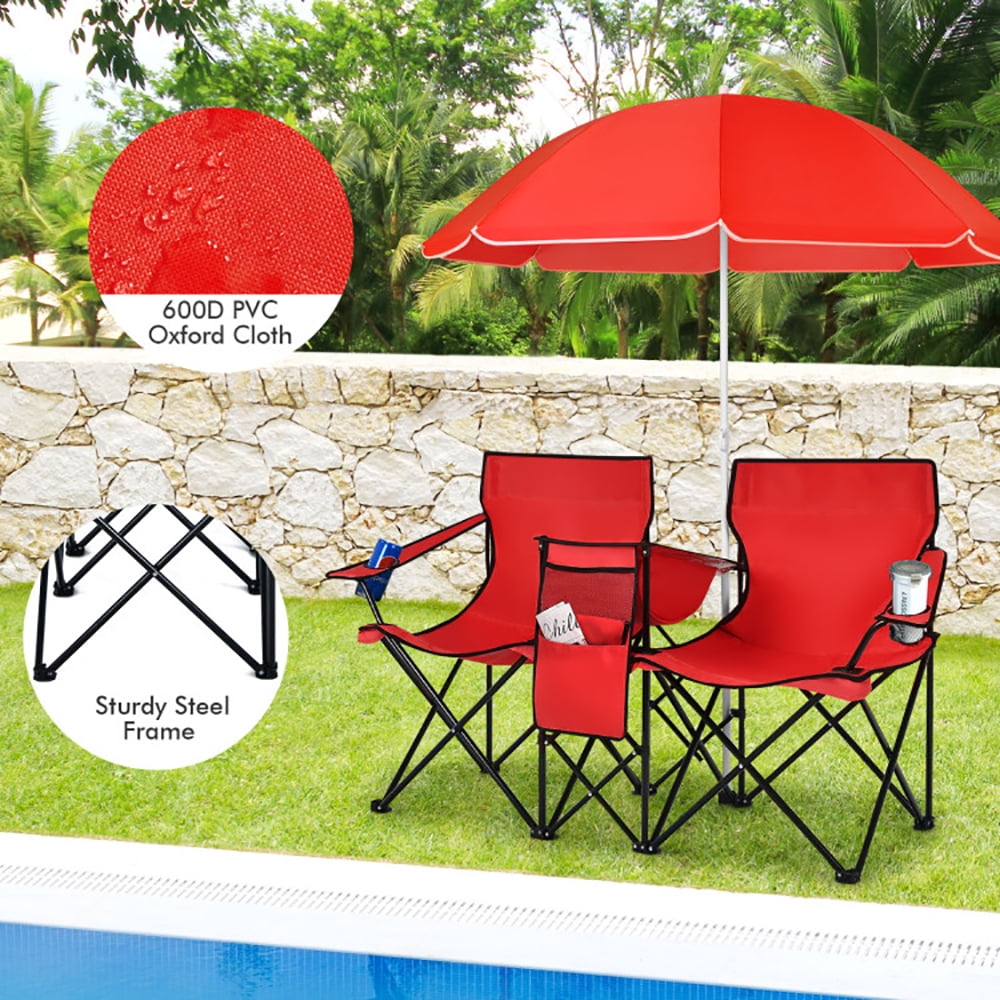 Aimee Lii Double Folding Picnic Chair with Umbrella, Outdoor Camping Loveseat with Cooler Bag and Beverage Holders (Red) sqkca