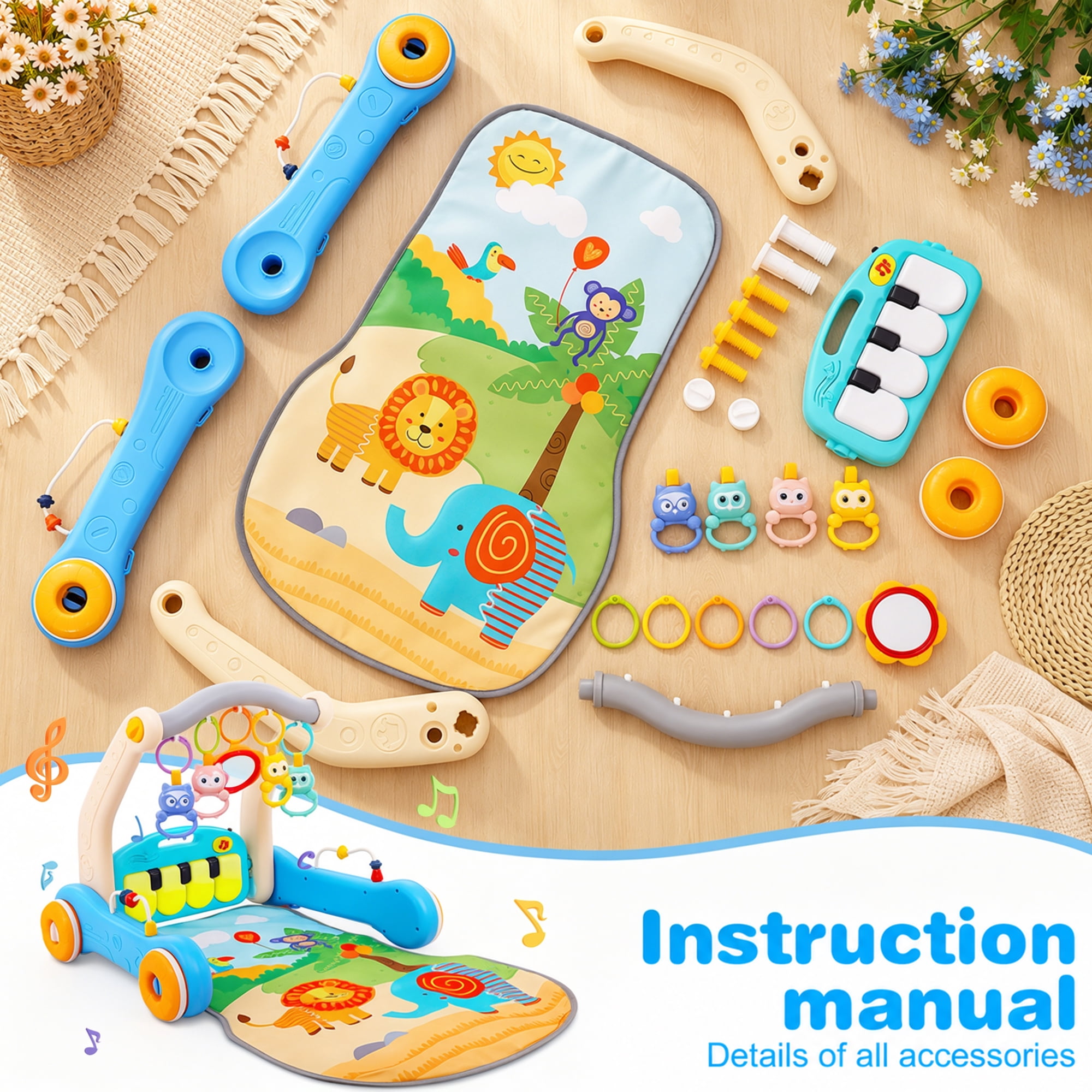 FVLOENG Baby Gym Playmat and Activity Center with Musical Piano and Sensory Toys (Blue, 1 Set) 6mvkn
