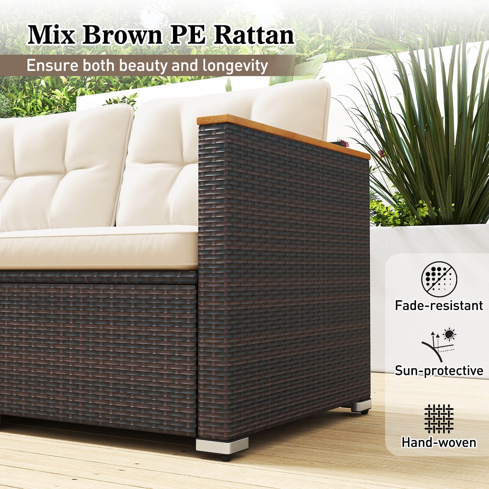Costway 3-Seat Patio Sofa PE Rattan Wicker Outdoor Furniture Set (White, 76 in x 26 in x 25.5 in) 7z5df