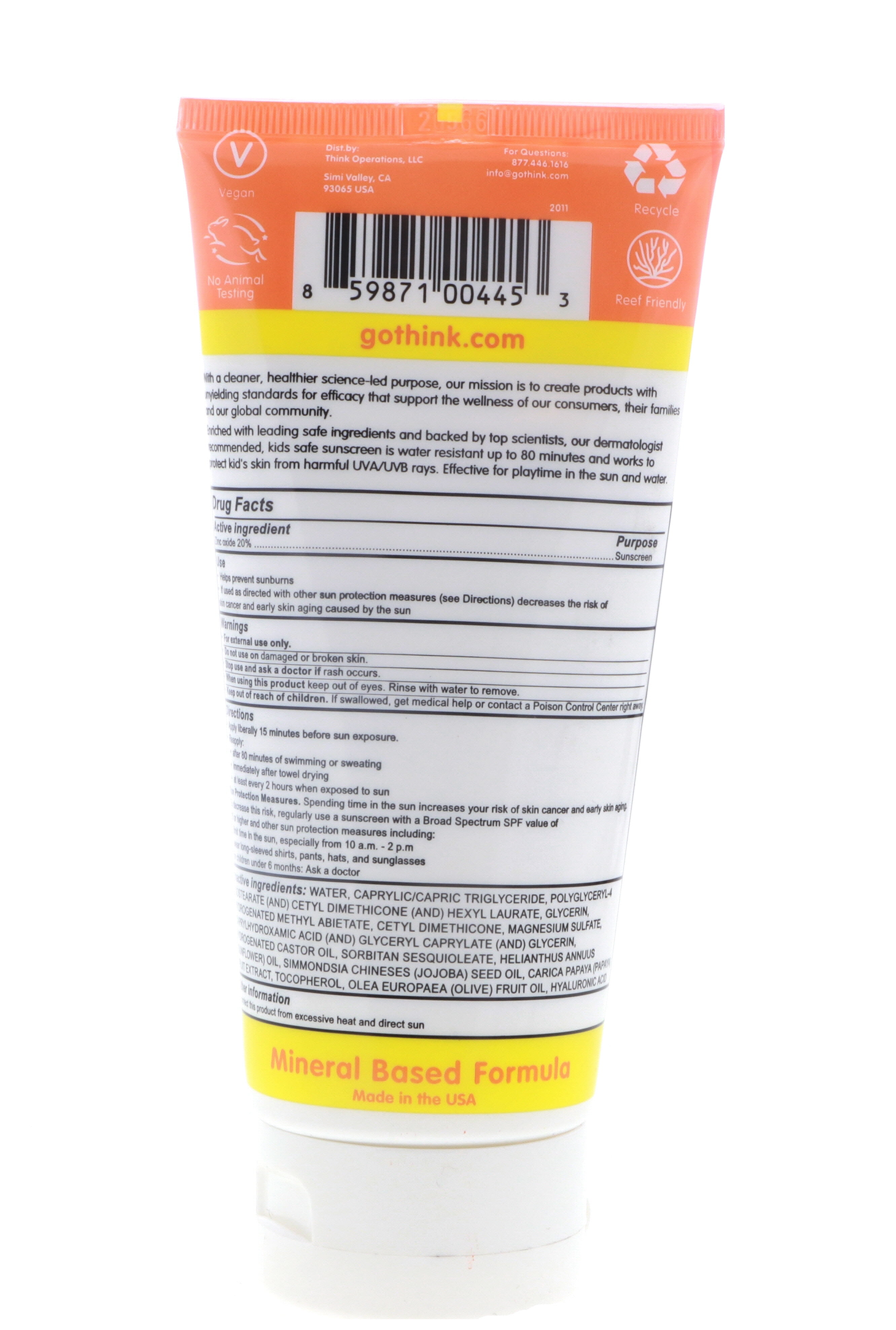 Thinksport Kids Sunscreen SPF 50+ Broad Spectrum Mineral Protection (White, 6 oz) k6539