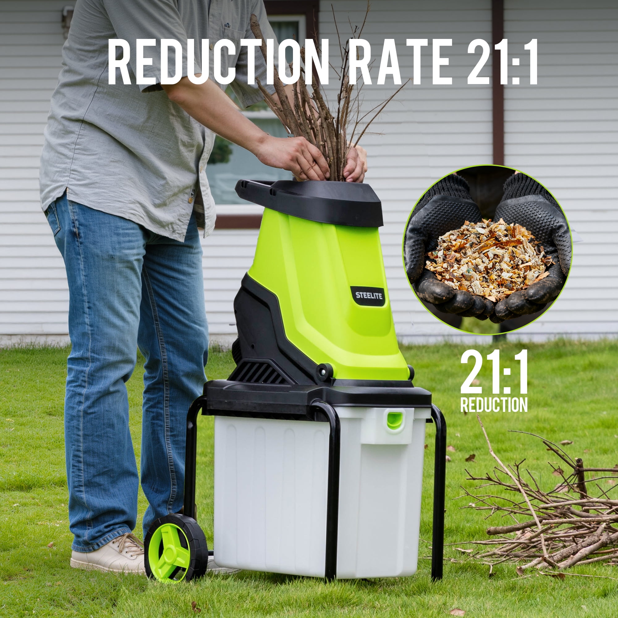 Steelite Electric Wood Chipper Shredder, 15-Amp Corded Leaf Mulcher with 13.2 gal Collection Bin (1.75 in Cutting Diameter) 0zyse