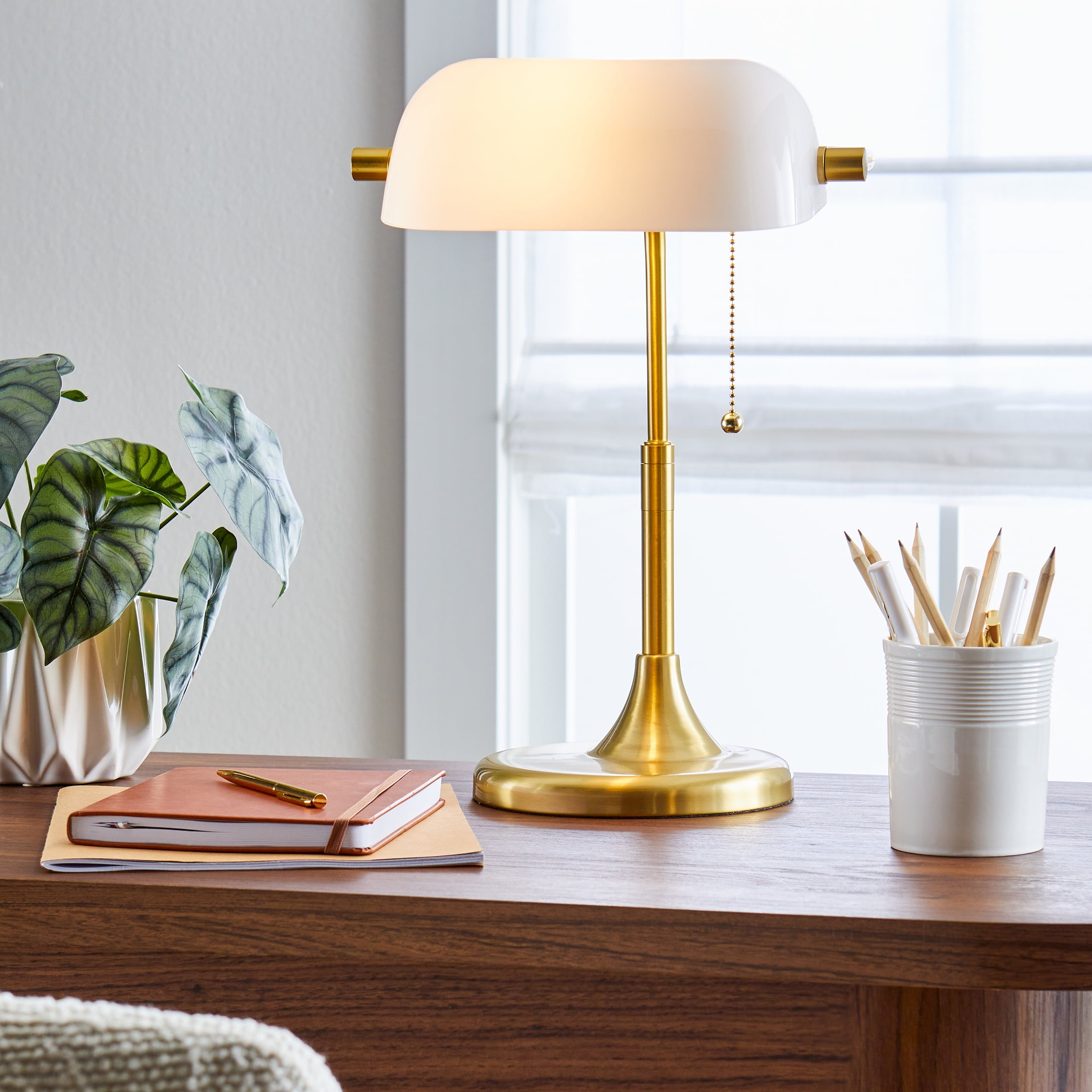 Better Homes & Gardens Modern Banker Desk Lamp with Adjustable Glass Shade (Gold/White, 19 in) 3aowk