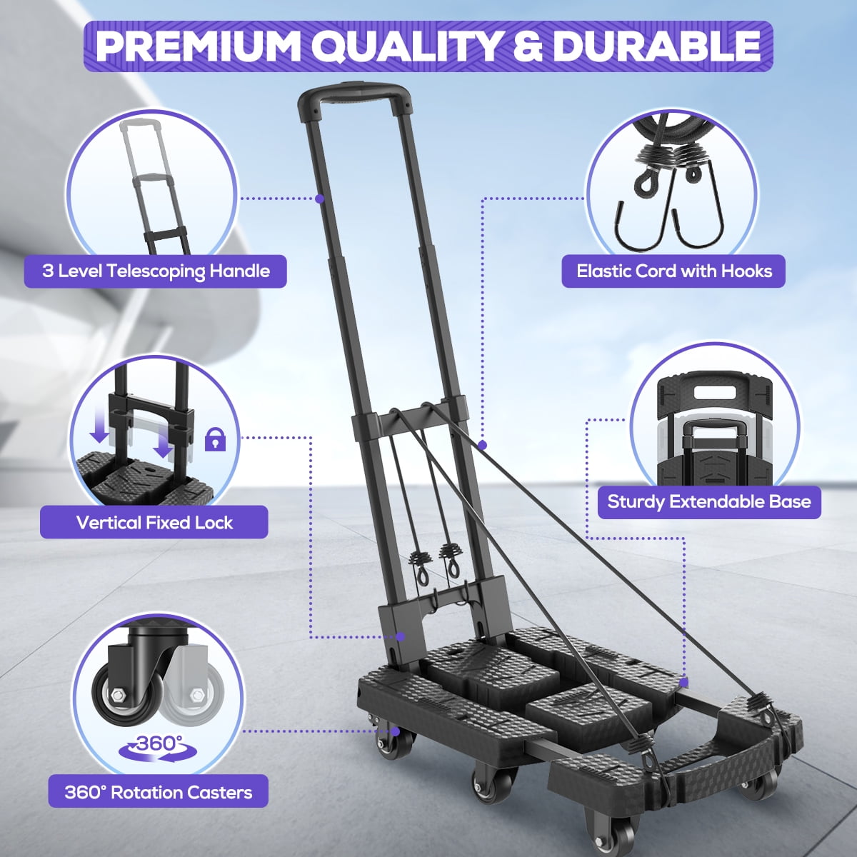 TNTANTS Folding Hand Truck, Heavy-Duty Portable Dolly Cart, 6-Wheel Collapsible Luggage Trolley with 3 Elastic Ropes (Black, 500 lb) 19z23
