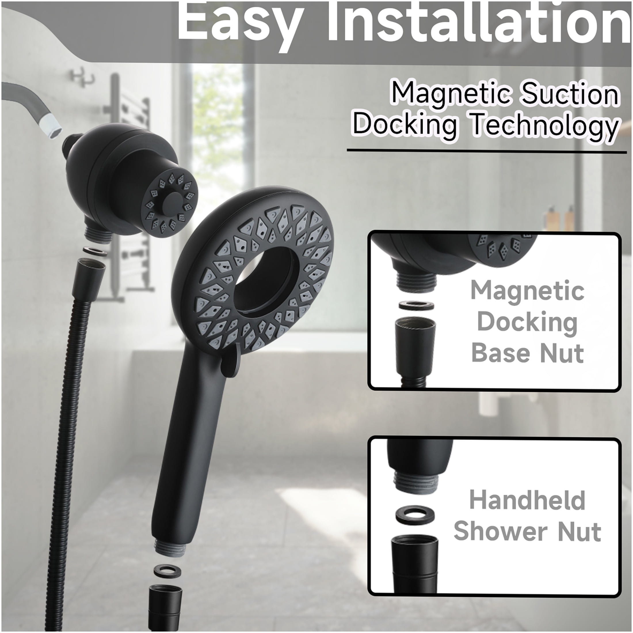 JERFIT Magnetic Handheld Shower Head with 6 Spray Modes and 60 in Stainless Steel Hose (Matte Black, 4.8 in Face) 8hur0