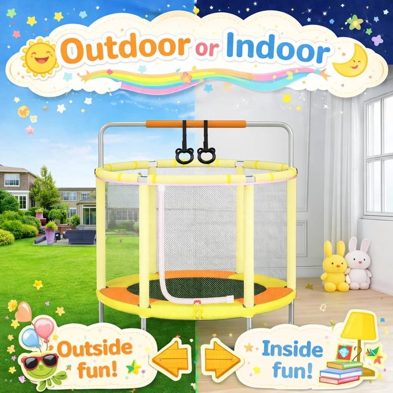 SIMENMAX 55 in Kids Trampoline with Enclosure, 4-in-1 Toddler Activity Center with Gymnastics Bar, Basketball Hoop, and Swing (Yellow, 55 in) cnizl
