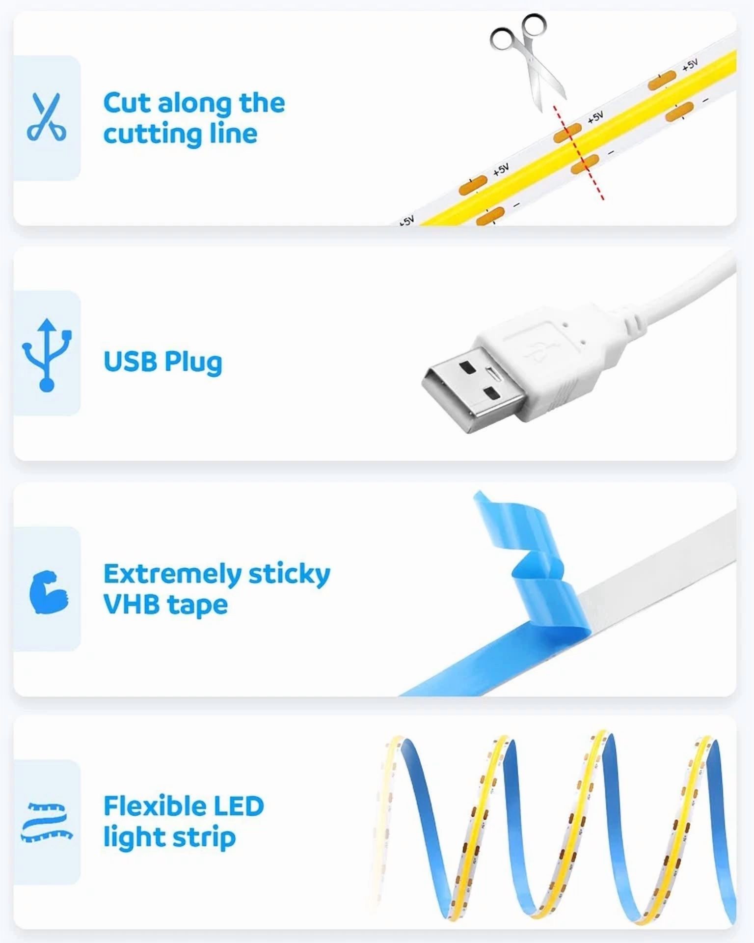 VAULT USB COB LED Strip Light, High-Density Flexible Lighting for TV Backlight and Kitchen Under-Cabinet (Daylight White, 3.28 ft) ixrgy