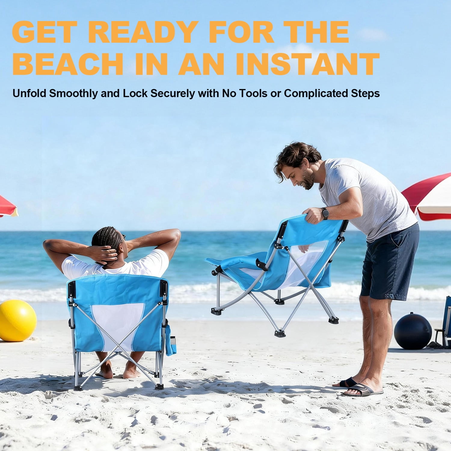 Coliware Folding Low Beach Chair, Portable Camping Chair with Side Cup Holder & Storage, Heavy Duty Outdoor Seat (Blue, 2-Pack) 3nugm