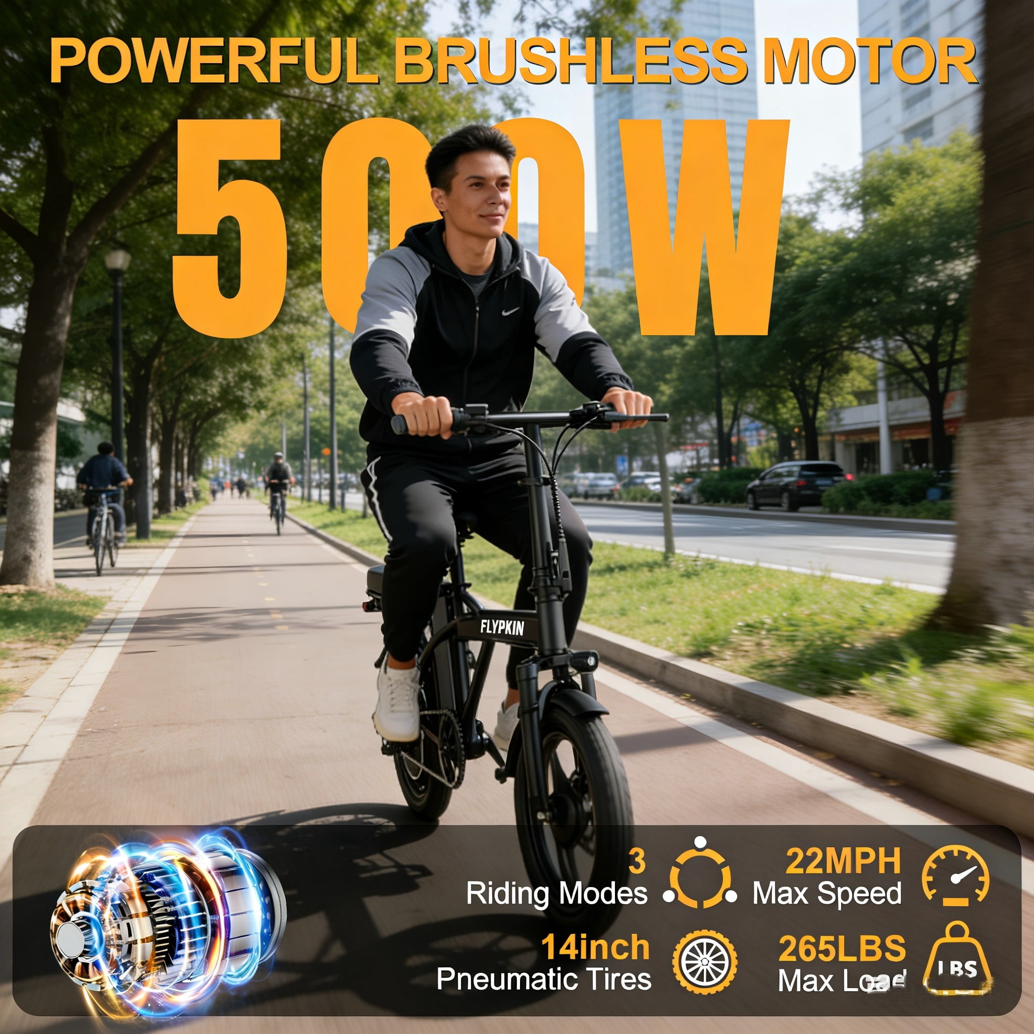 FLYPKIN Electric Bike for Adults, 500W Motor Folding E-Bike, 20 MPH Max Speed, Portable Commuter Bicycle (Black, 14 in) vn07h