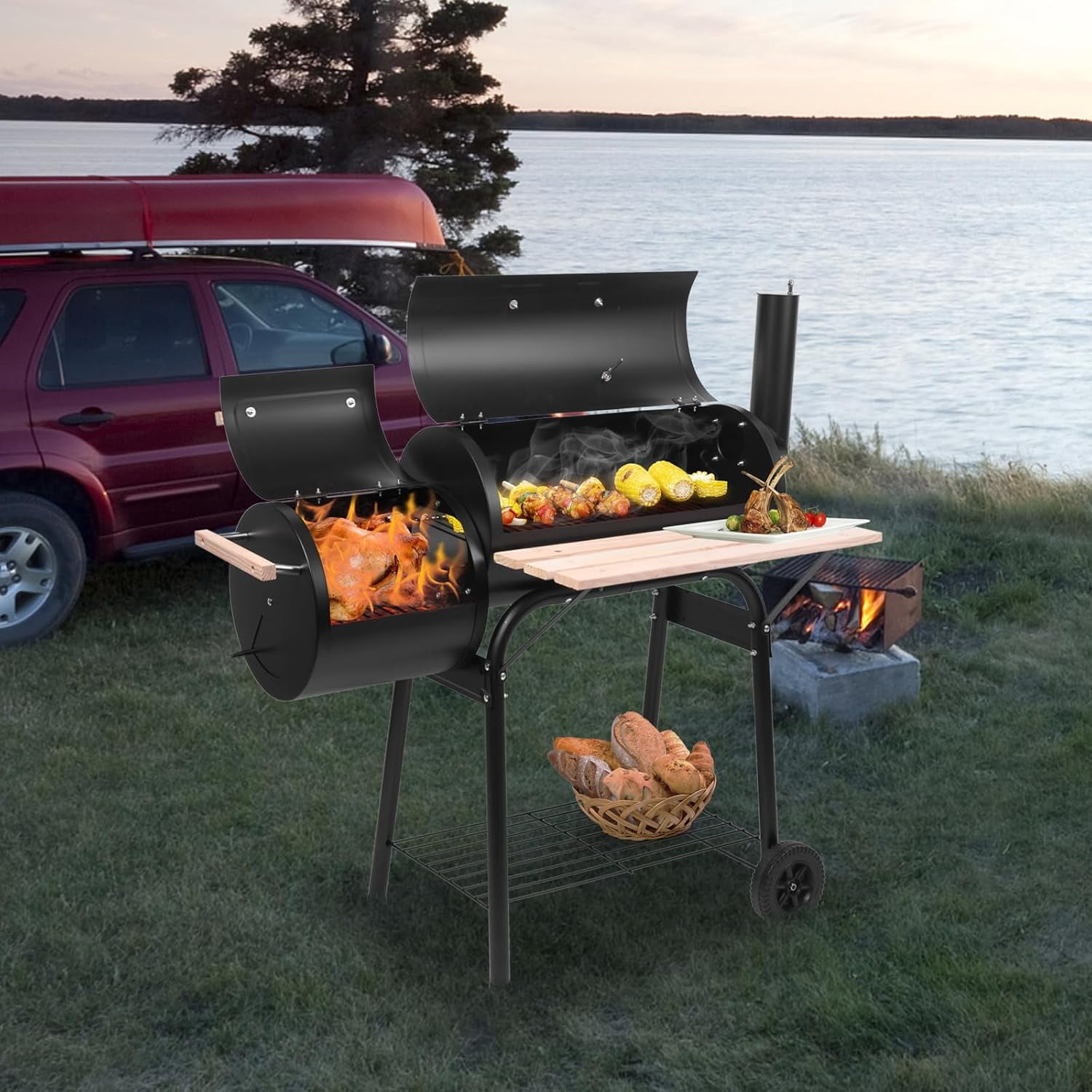 Geemuslly Oil Drum Charcoal Grill and Offset Smoker with Side Fire Box (Black, 4 lb Charcoal Capacity) yoosi