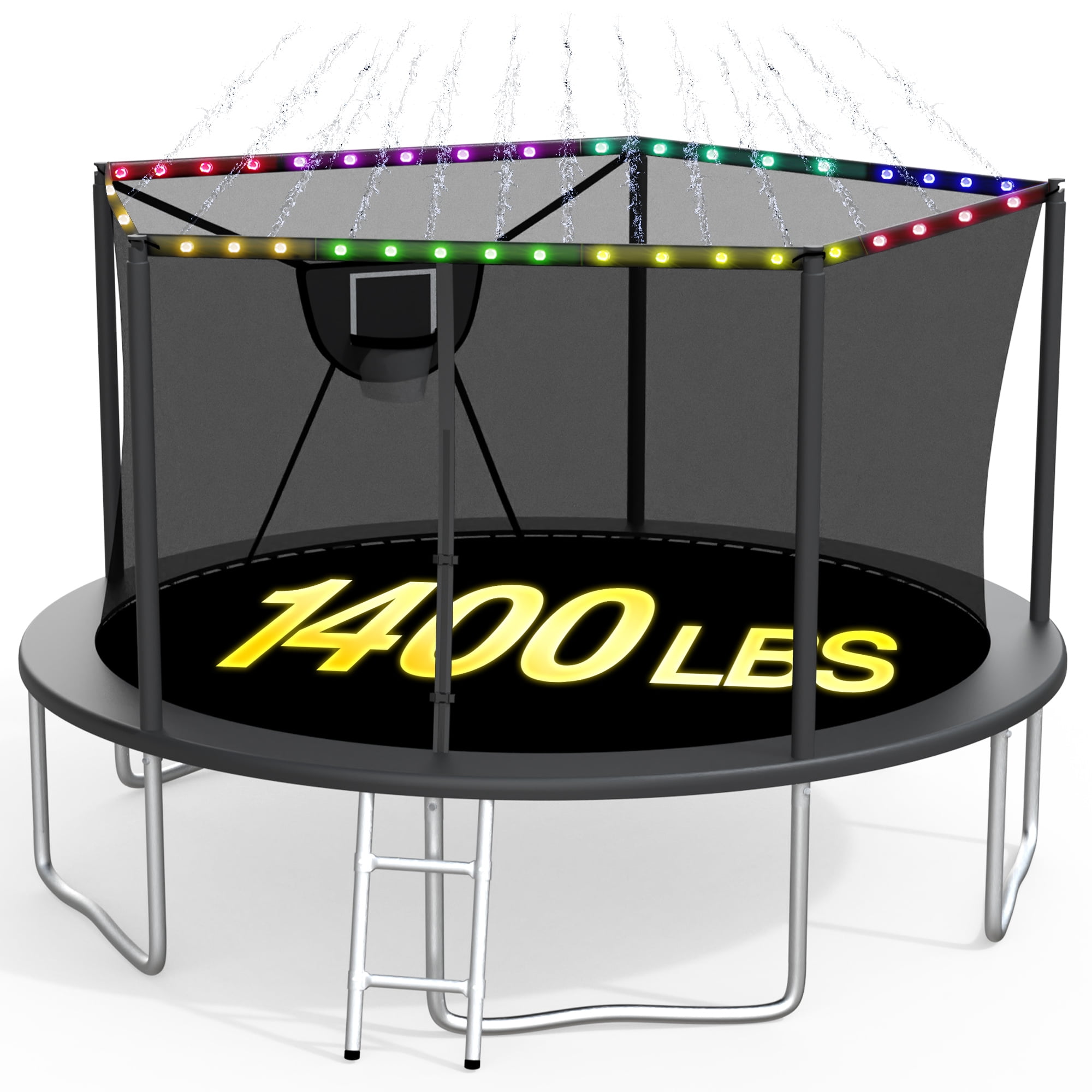 XMIKA 14ft Outdoor Round Trampoline with Enclosure Net, Basketball Hoop, Sprinkler, and Ladder (Black, 1400 lb Capacity) n3d4b