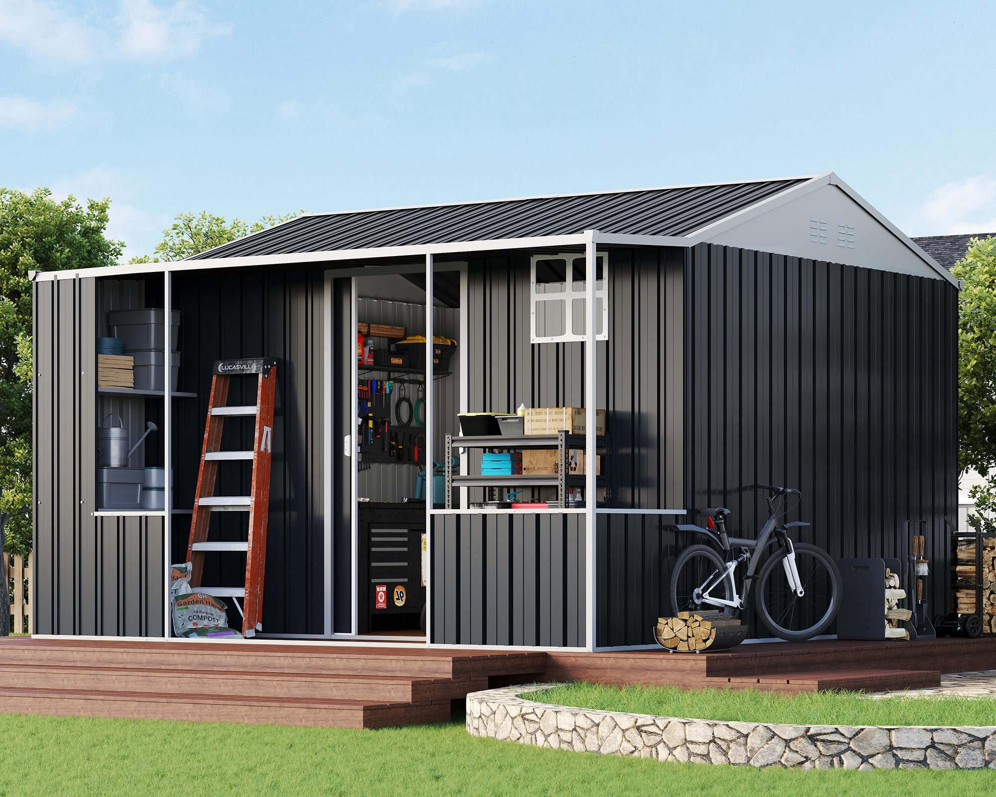 Jocisland Metal Storage Shed, Dual-Zone Outdoor Tool Shed with Work Area, Reinforced Frame, Gable Roof (Dark Grey, 10 ft x 10.5 ft x 7 ft) ls405