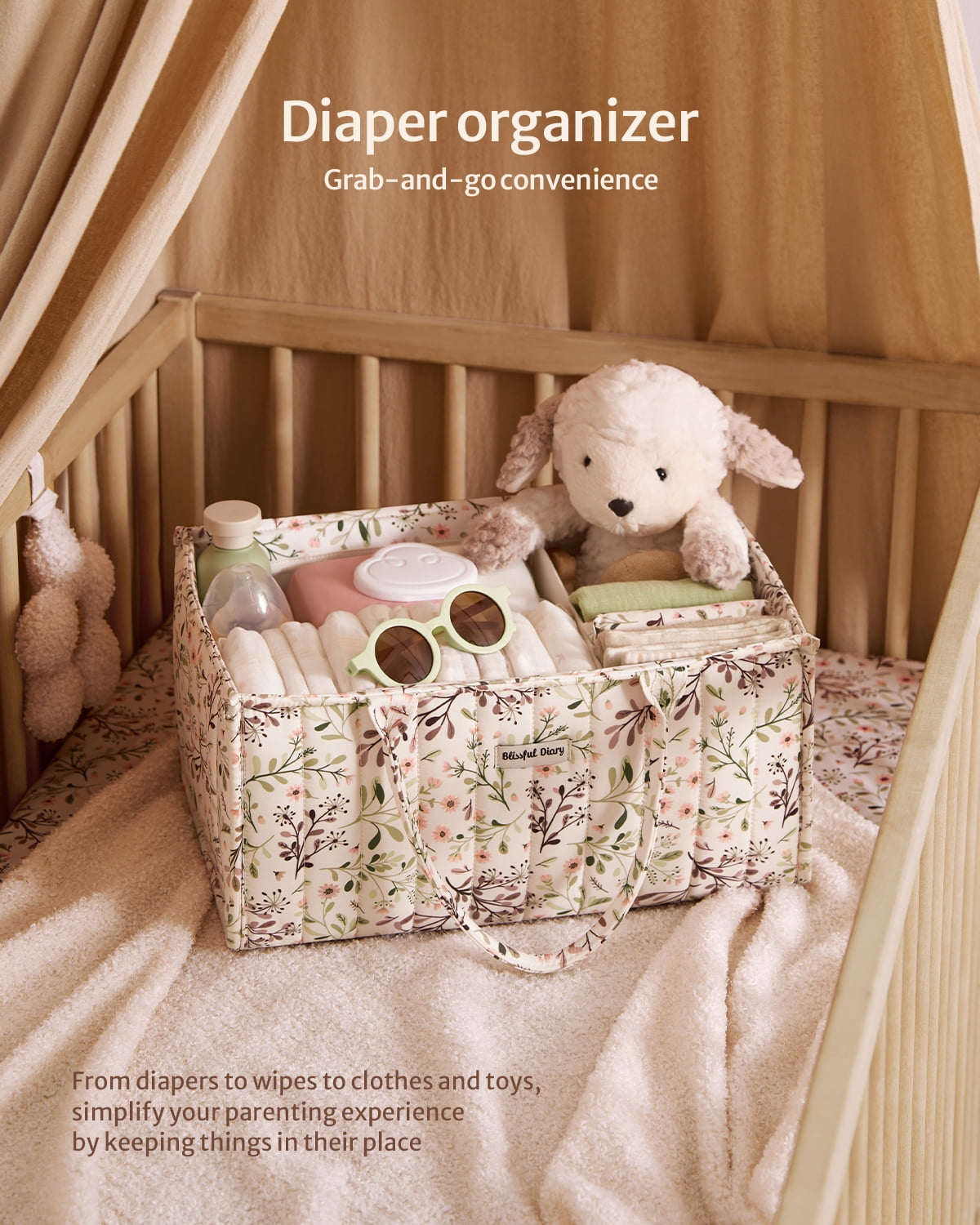 Blissful Diary Diaper Caddy Organizer, Portable Nursery Storage Basket for Baby Essentials (Beige, 15 in x 10 in x 7 in) a2ruw