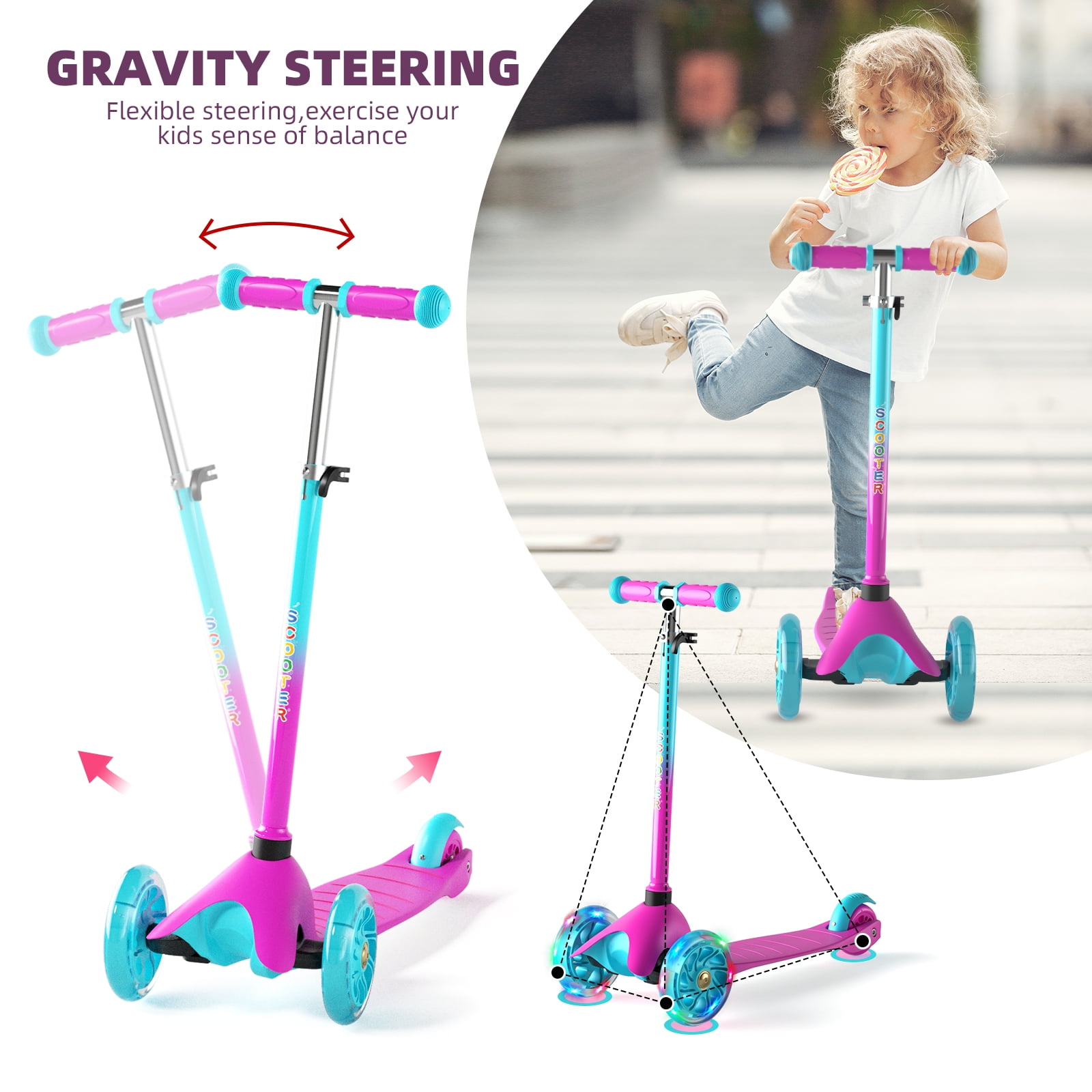 KORIMEFA 3-Wheel Kids Kick Scooter with Light-Up Wheels and Adjustable Handlebar (Pink, 110 lb Capacity) avdw0