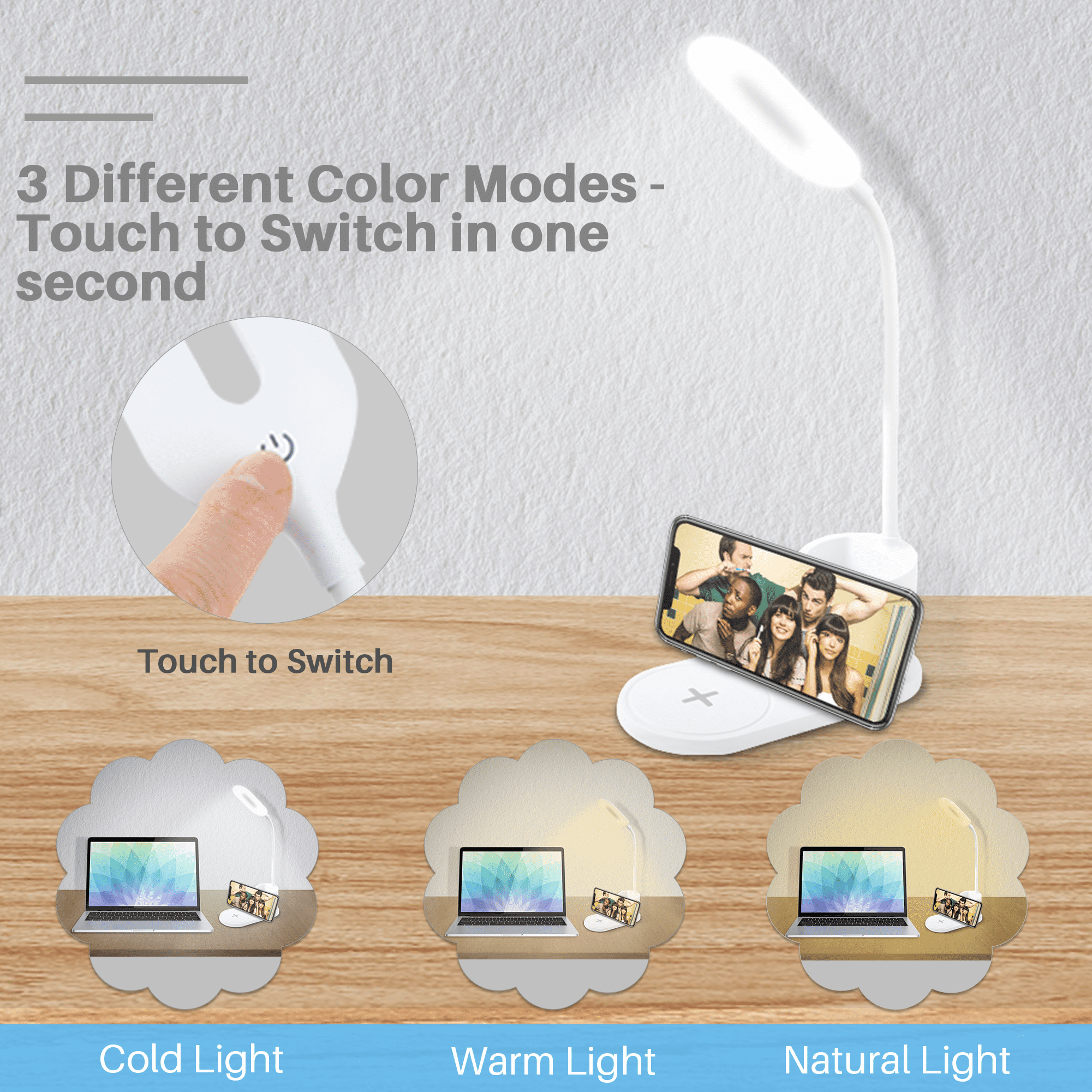 BCOOSS LED Desk Lamp with Wireless Charger and Pen Holder (3-Mode Dimmable, Flexible Gooseneck) i8cj6