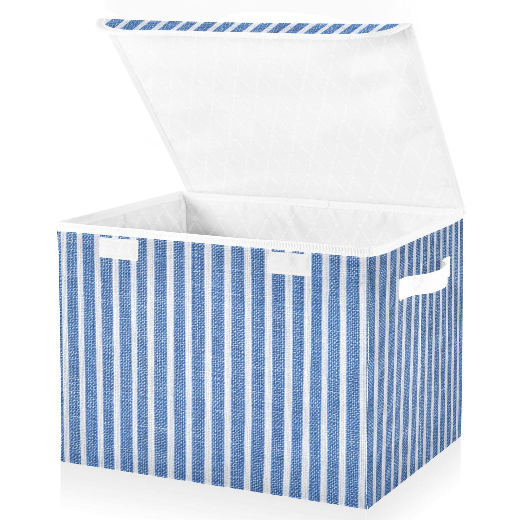Booyaa Striped Fabric Storage Bin with Lid and Handles (Blue and White, 16.5 x 12.6 x 11.8 in) uyxy8