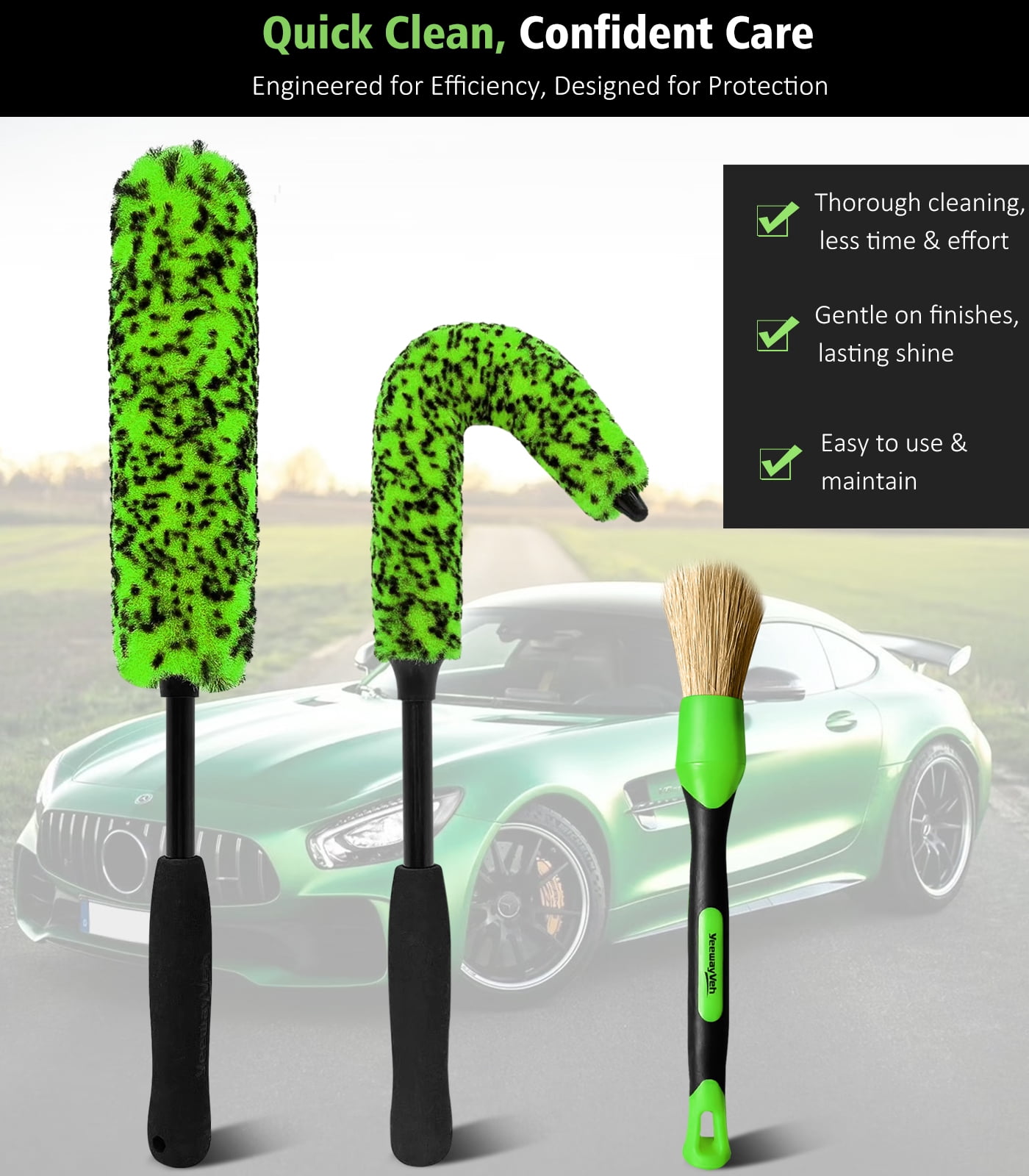 YeewayVeh 3-Piece Car Wheel Cleaning Brush Kit, Scratch-Free Rim Detailer Set (Green, 3-Piece Set) ke32n
