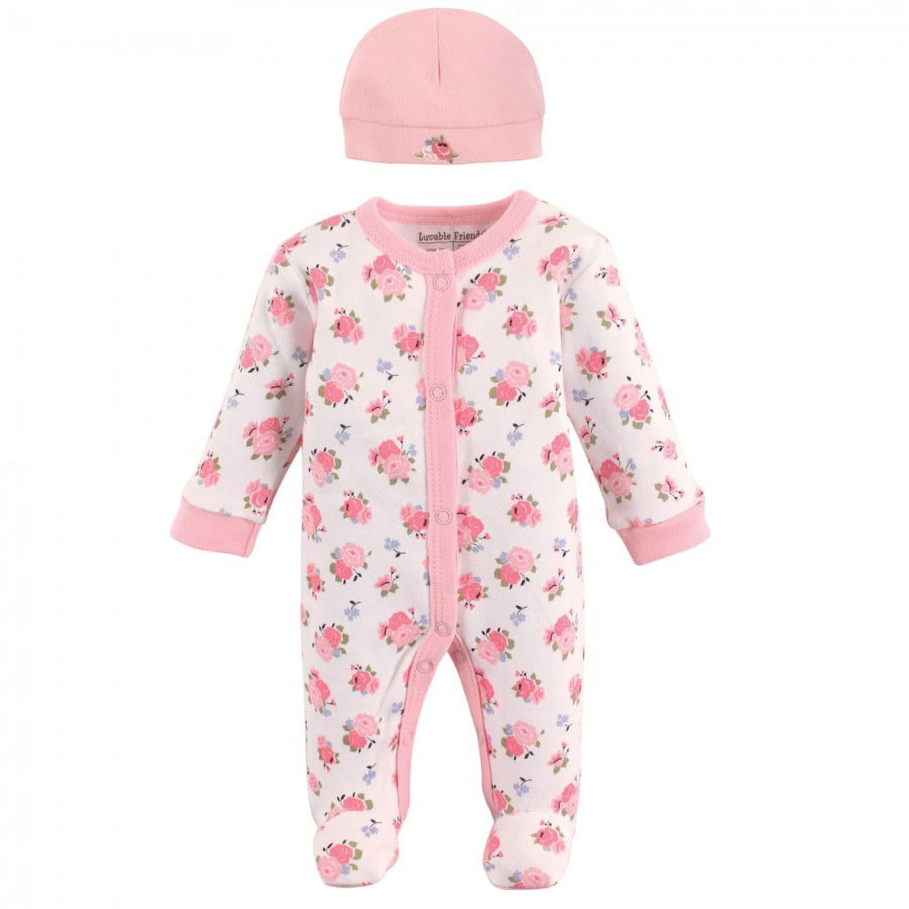 Luvable Friends Baby Girl Cotton Snap Sleep and Play with Matching Cap (Floral, Preemie) vppn2