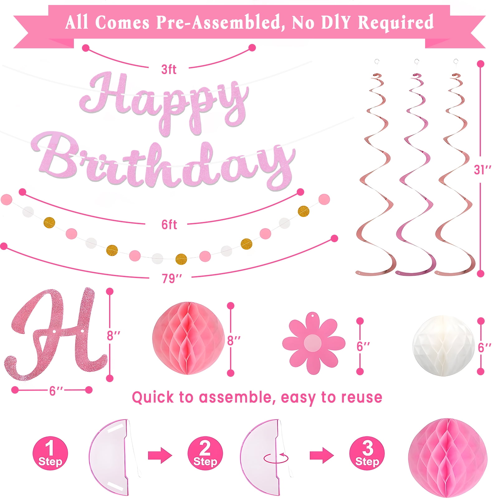 KiddiTouch Happy Birthday Party Decorations Set, Pre-Strung Banner with Honeycomb Balls and Hanging Swirls (Pink, 16-Piece Set) fb5cy