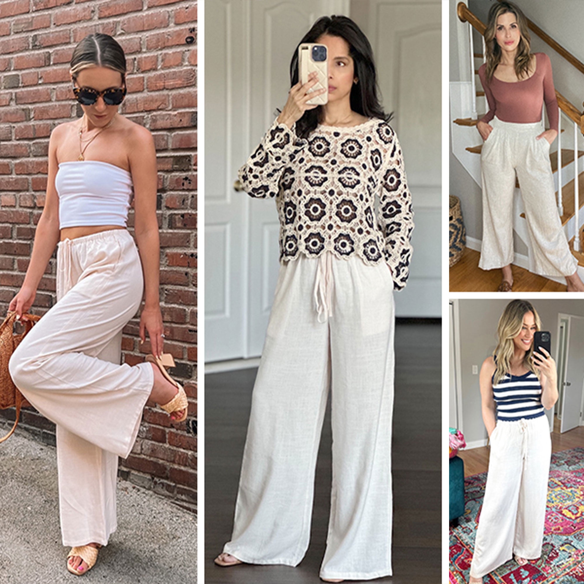 Temofon Women's Wide Leg Linen Pants Casual Summer Palazzo Trousers with Pockets and Drawstring (Beige, L) wuxc6