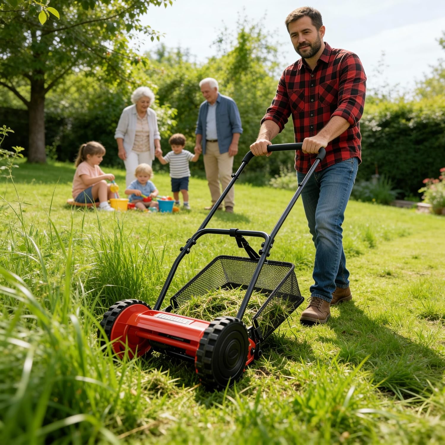 Juiluna 14 Inch Push Reel Lawn Mower, Manual Walk-Behind Mower with Grass Catcher, 5 Steel Blades, Adjustable Cutting Height (14 in) mu00r