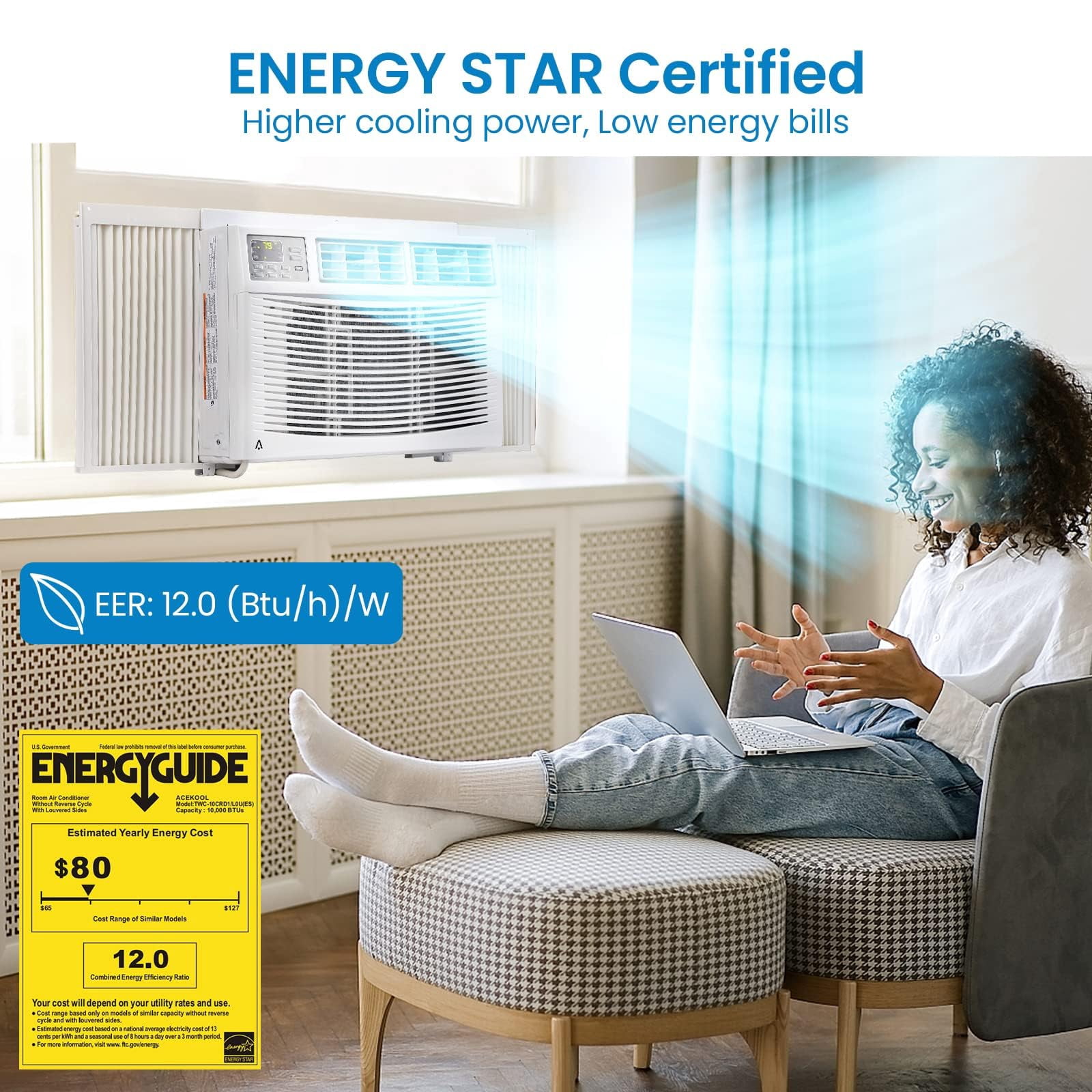 Tropow Window Air Conditioner 10000 BTU Smart AC Unit with WiFi App and Remote Control (White, 450 Sq.Ft) vub5x