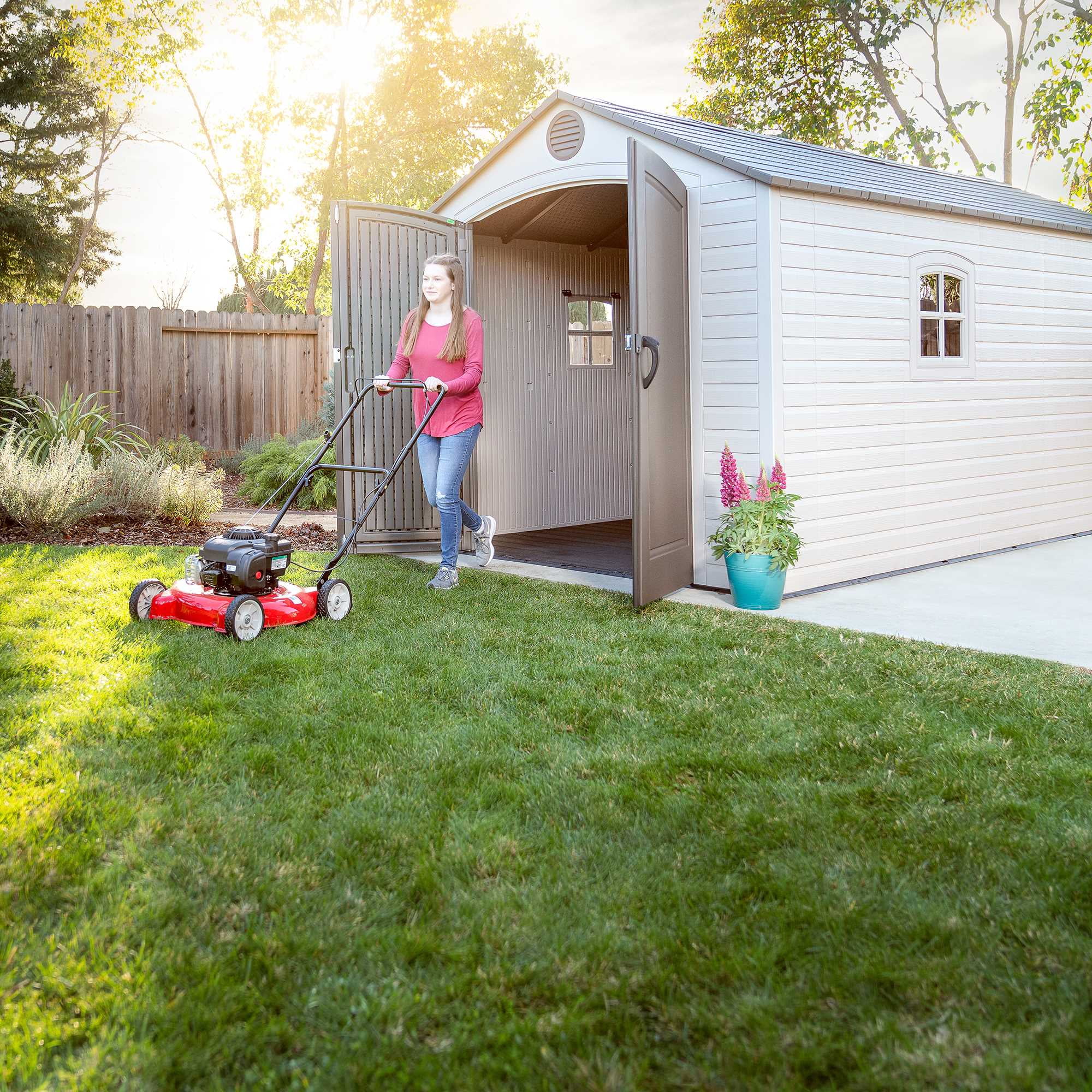 LIFETIME Outdoor Storage Shed, Heavy-Duty Weather-Resistant Polyethylene, Lockable Doors (Tan and Brown, 8 ft x 15 ft) 11so5