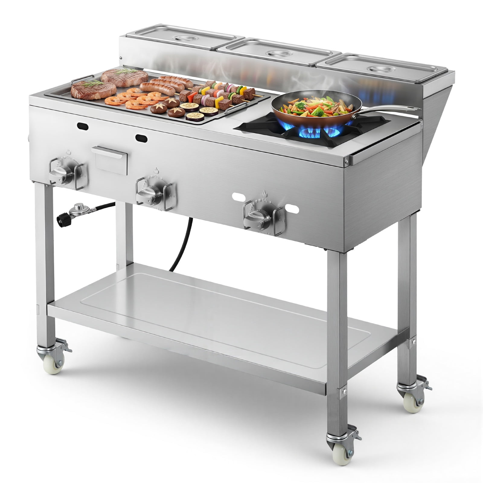 VEVOR Outdoor Propane Griddle, 3-Burner Commercial Stainless Steel Cooking Cart with Wheels and 3 Food Pans 2kqvv