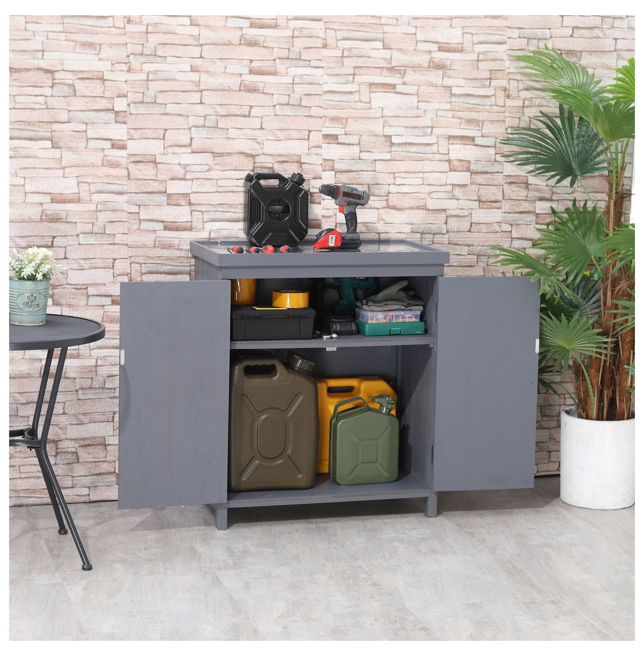 DyGTyX Patio Storage Cabinet, Outdoor Tool Shed with Galvanized Steel Top, Weather-Resistant Fir Wood, Double Door (Grey, 31.5 in W x 17.75 in D x 36.25 in H) 3adna