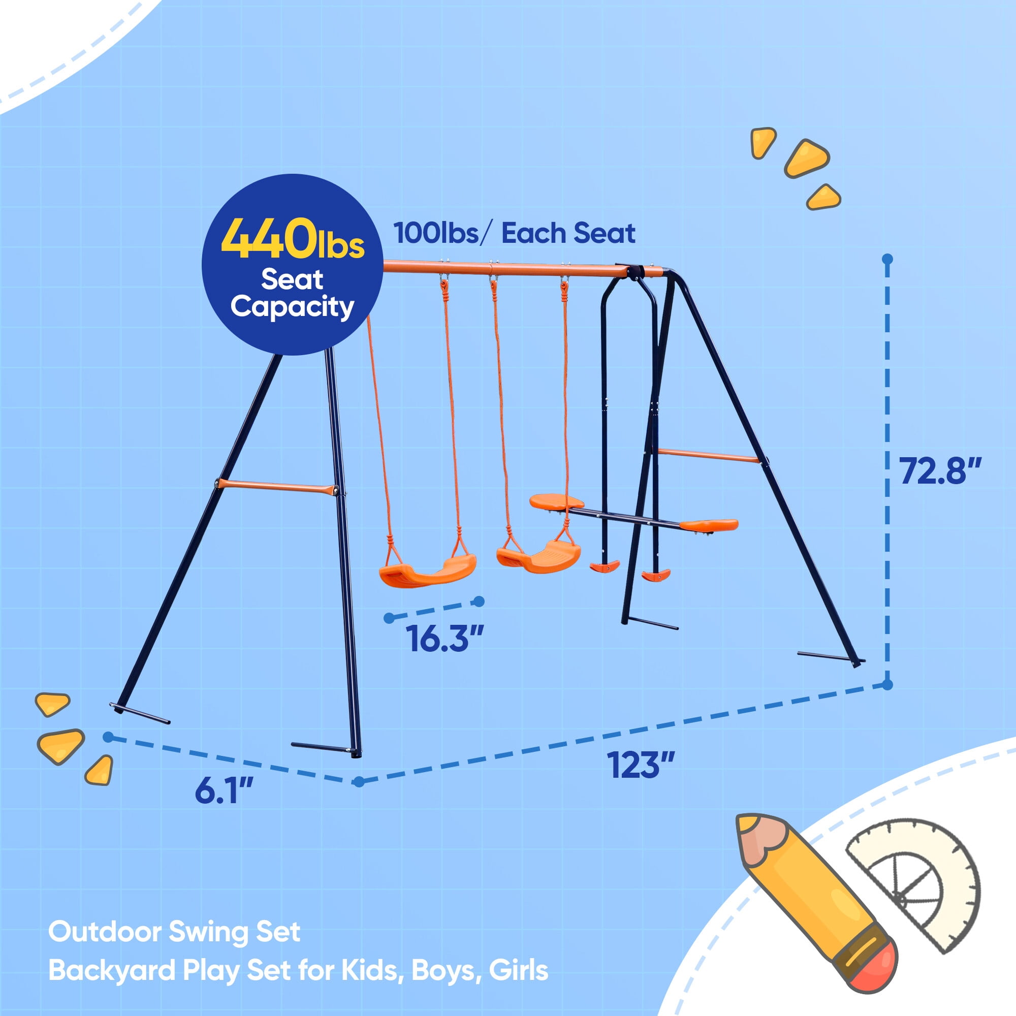 ZenSports Outdoor Kids Swing Set with 2 Seats and 1 Glider (Blue and Orange, 123 in x 61 in x 72.8 in) ga6nw