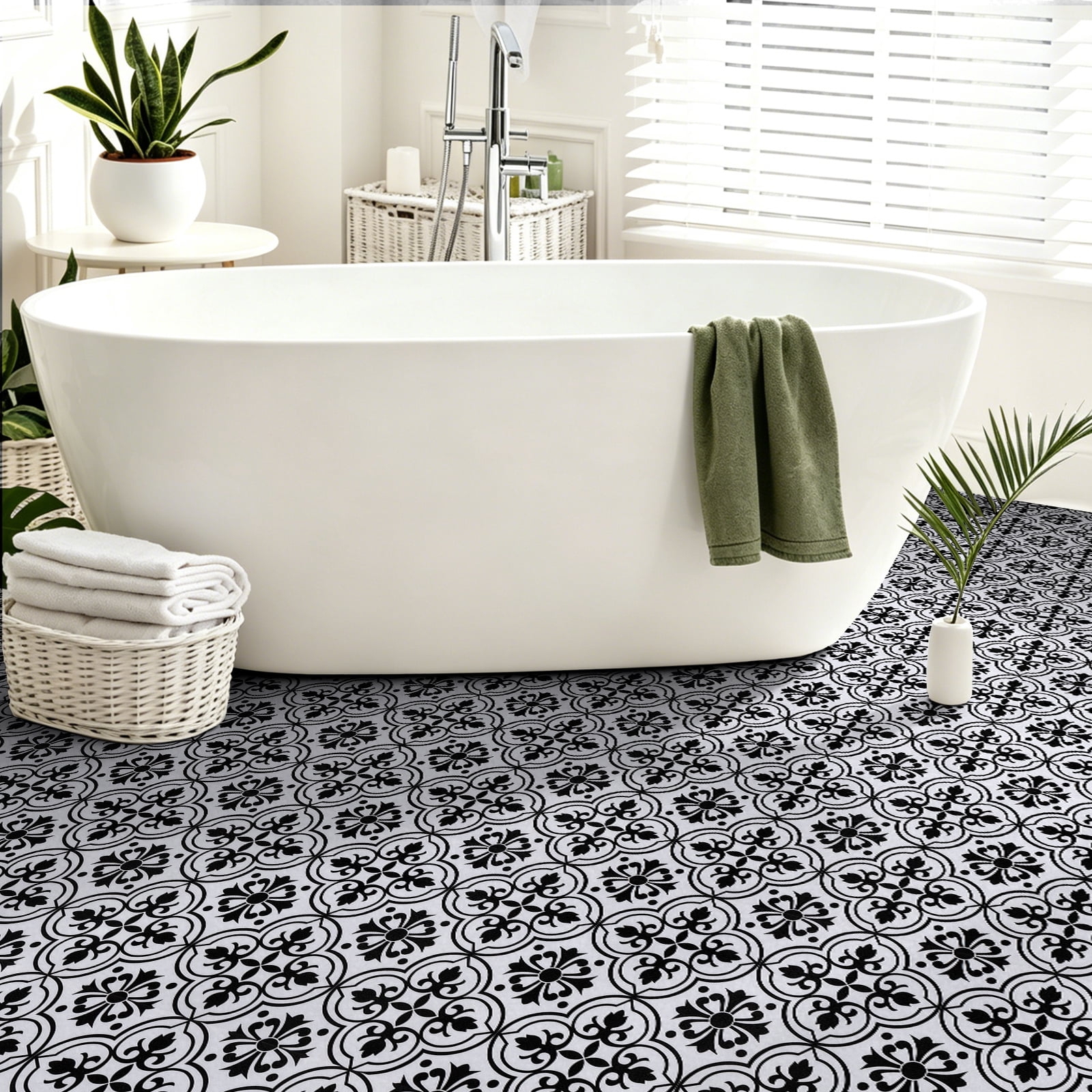 Abyssaly Peel and Stick Vinyl Flooring Tile, Waterproof Self-Adhesive Decorative Floor Covering for Kitchen and Bathroom (Black and White Flower, 15.7 in x 157.5 in) x09m8