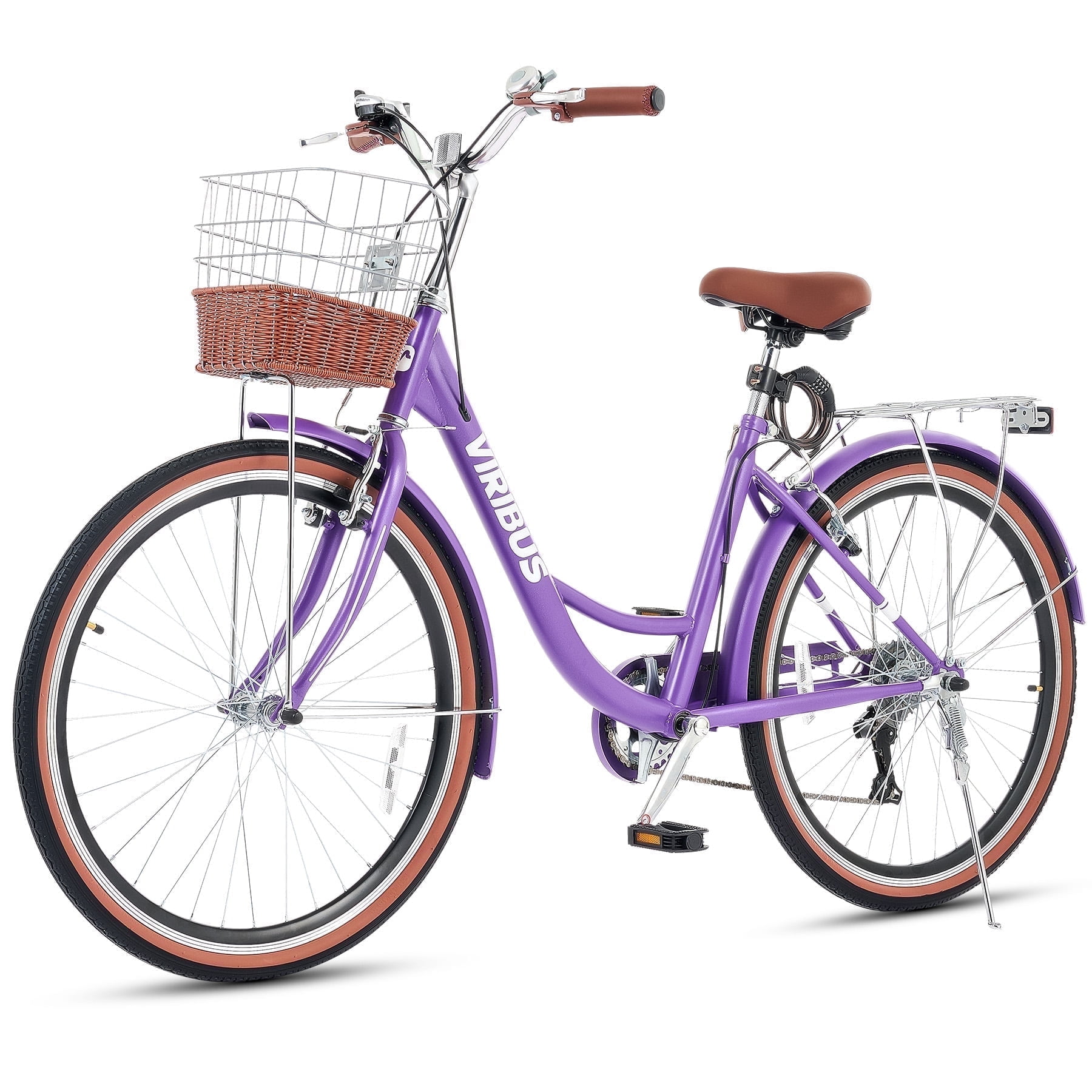 Viribus 24 in Women's Cruiser Bike, 7-Speed Beach and City Bicycle with Basket and Rack (Purple, 24 in) wzbic