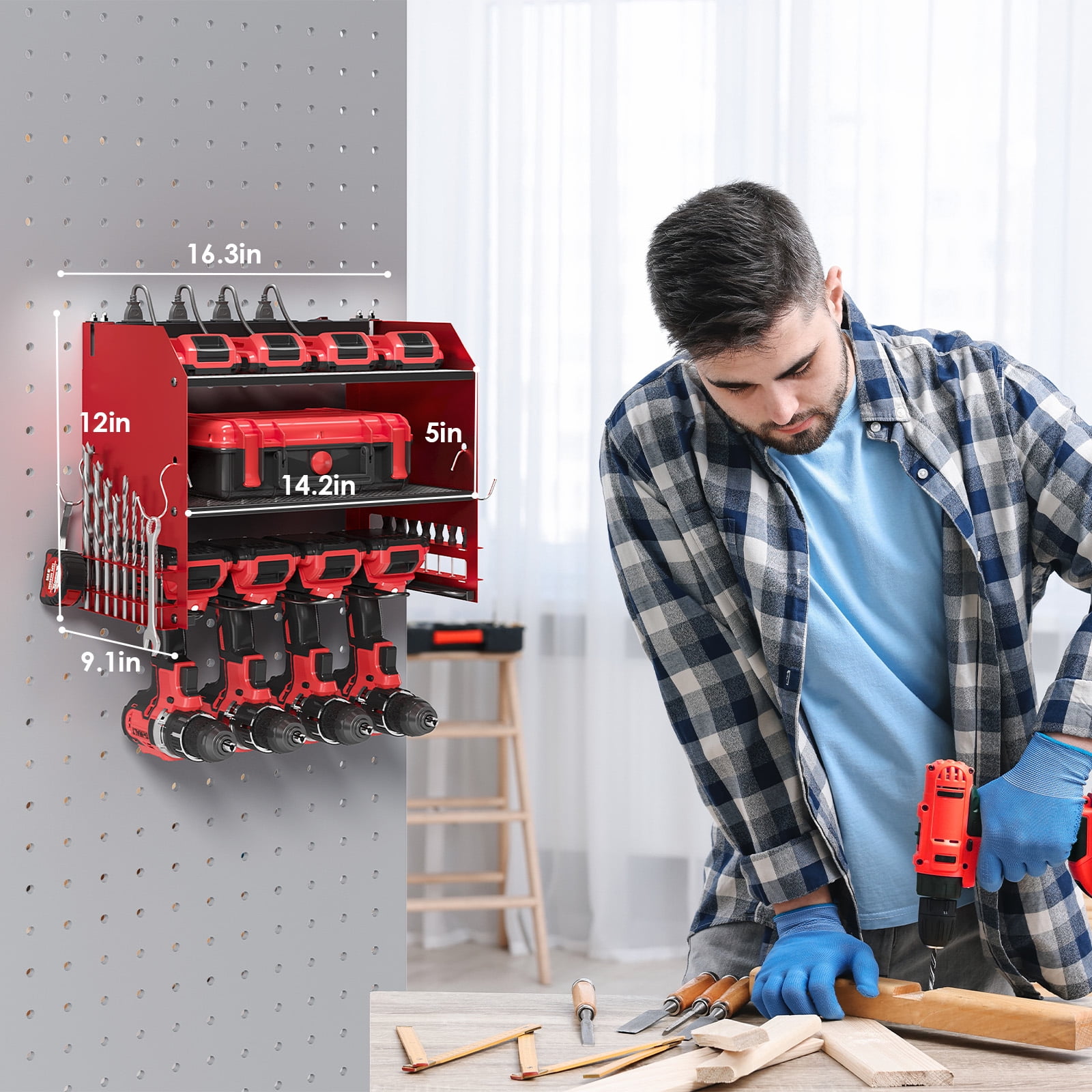 TLGREEN Power Tool Organizer Wall Mount with Charging Station (Red, 16.3 in x 9.1 in x 12 in) jslkt