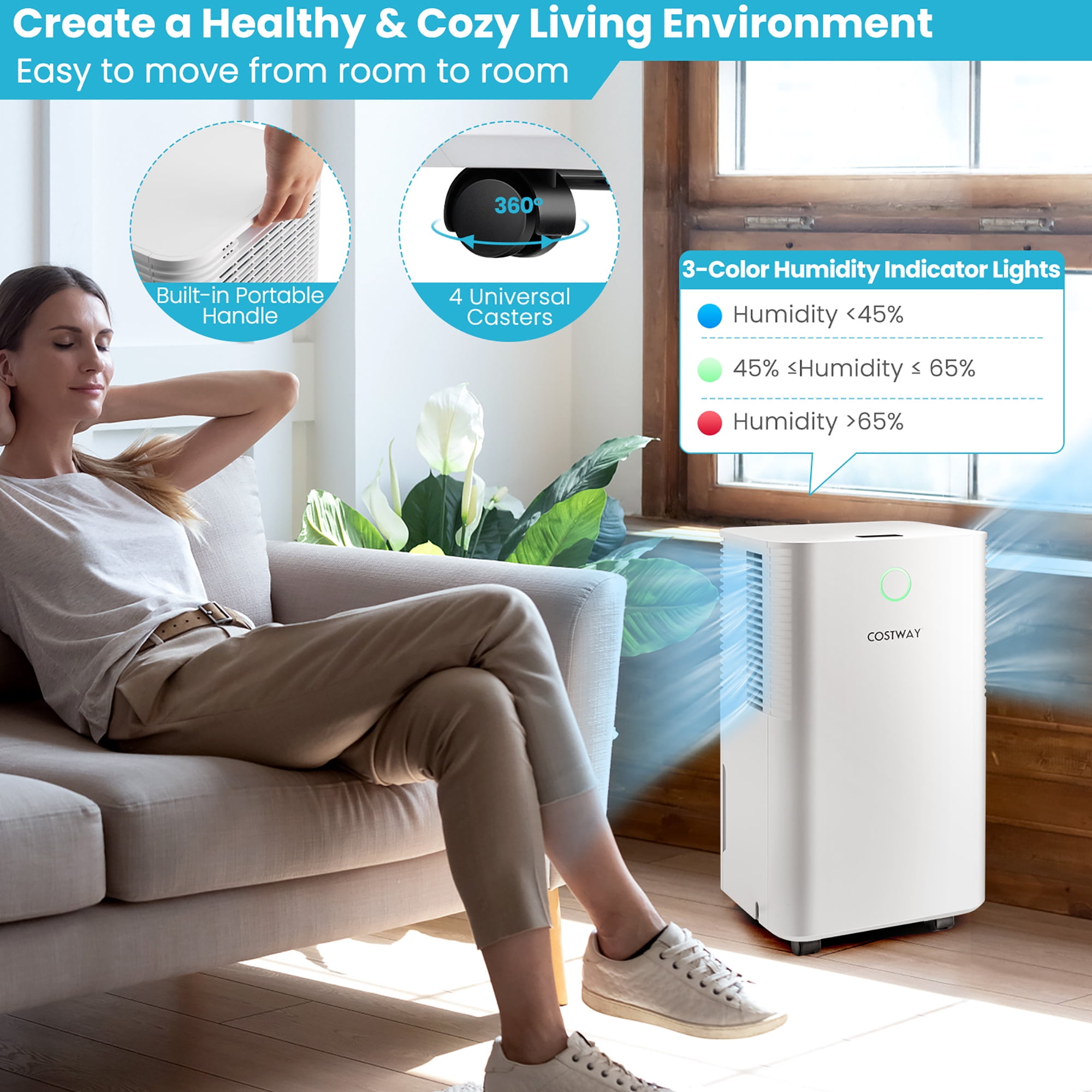 Costway Dehumidifier for Home and Basement with Auto Defrost and Timer (White, 9-Pint DOE) ldw9u