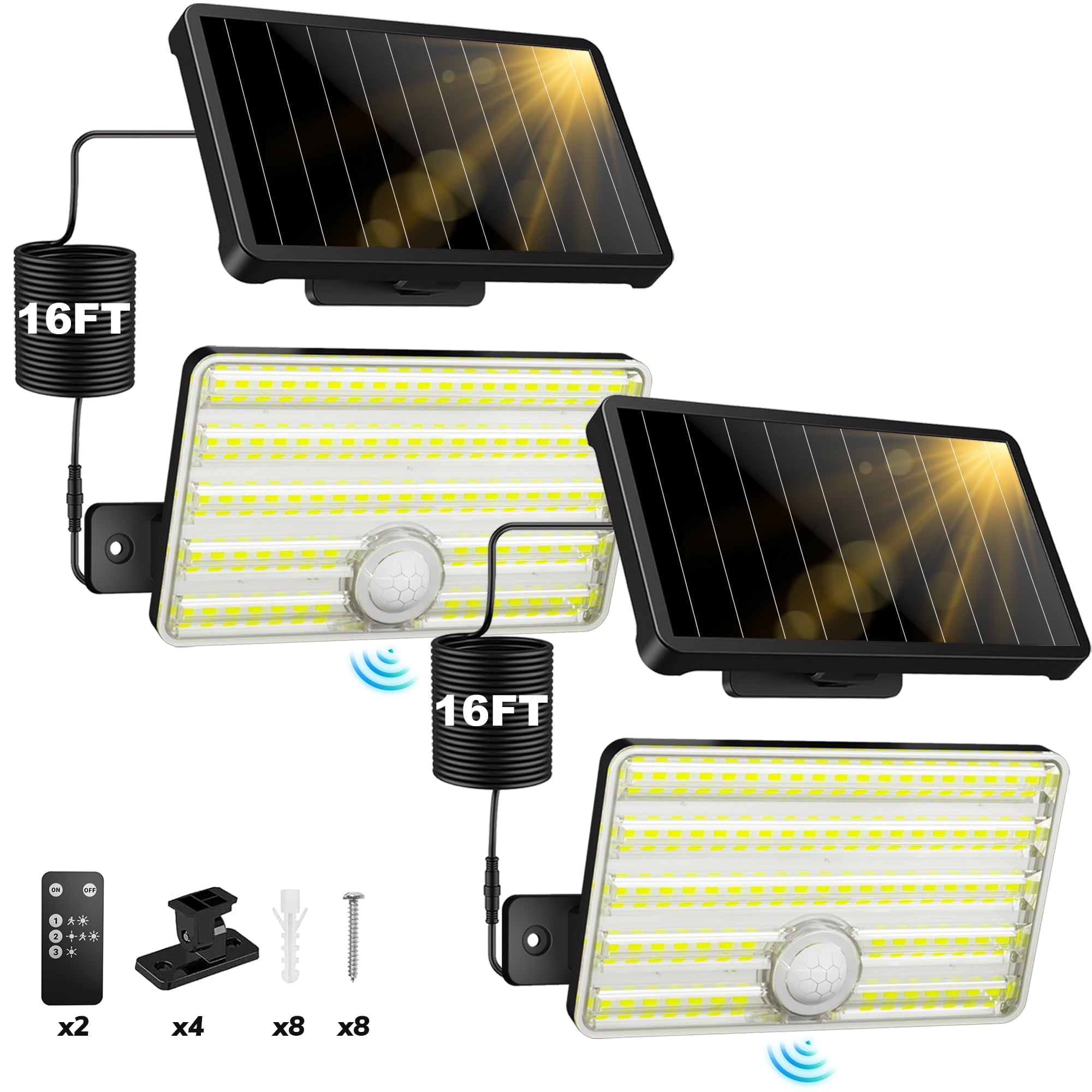 SZRSTH Solar Motion Sensor Lights Outdoor Security Flood Lights with Remote (2 Pack, 16.4 ft Cord) nuky1