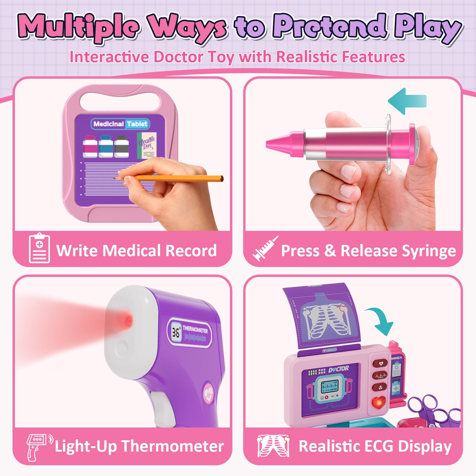 KWANITHINK Kids Doctor Play Cart with Realistic Light and Sound Effects, Pretend Medical Station Role Play Toy (Pink, 21.2 in x 16.9 in x 8 in) fkiqg
