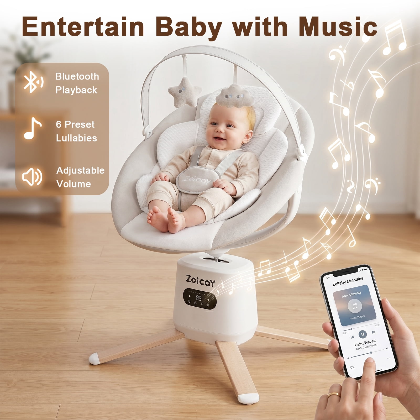 Zoicay Baby Swing, Infant Swing with 8 Motions & 8 Speeds, 360° Rotating Seat, Bluetooth Music & App Control (White, 25 lb Capacity) nq9jz