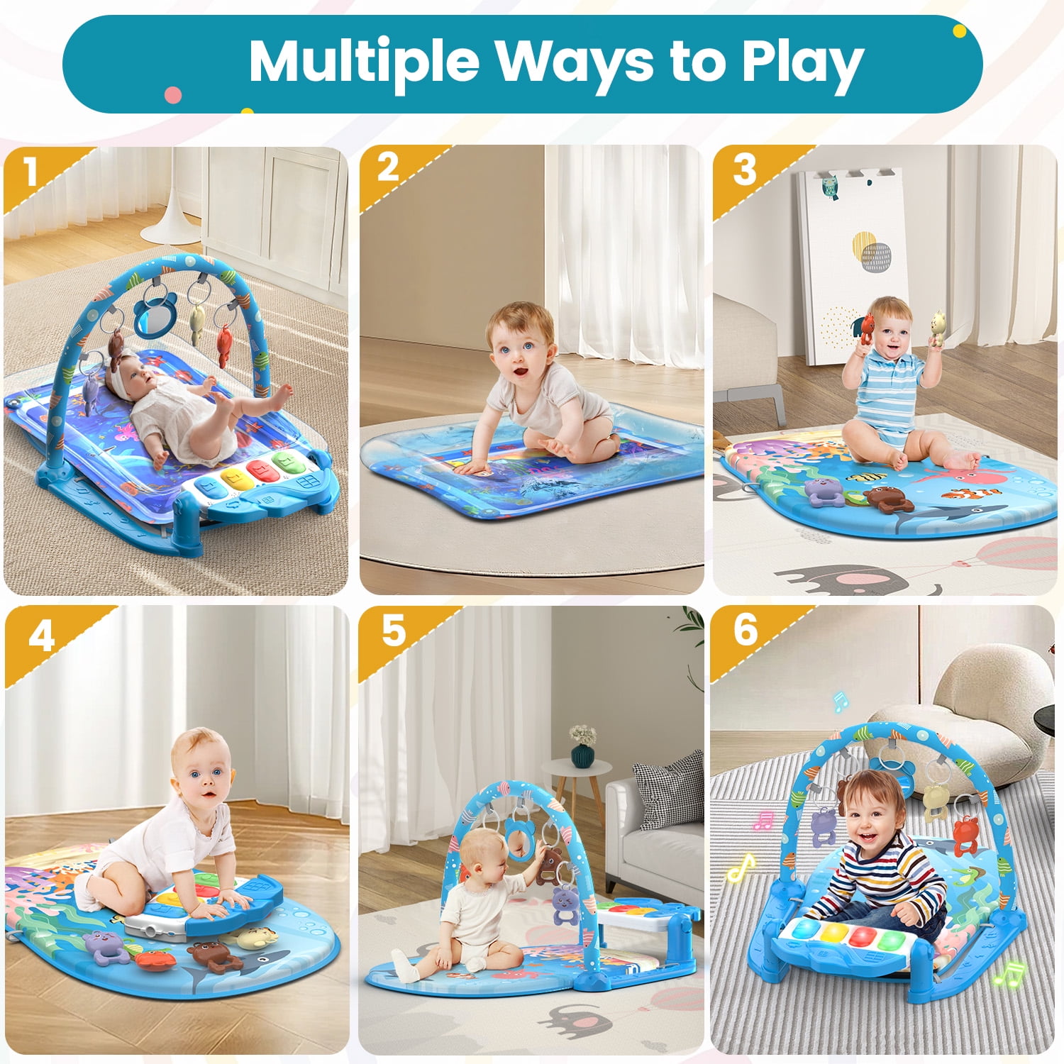 WonderStone 2-in-1 Baby Gym Playmat and Tummy Time Water Mat with Sensory Toys and Musical Piano (Blue, 27.5 x 20 in) 08zyo