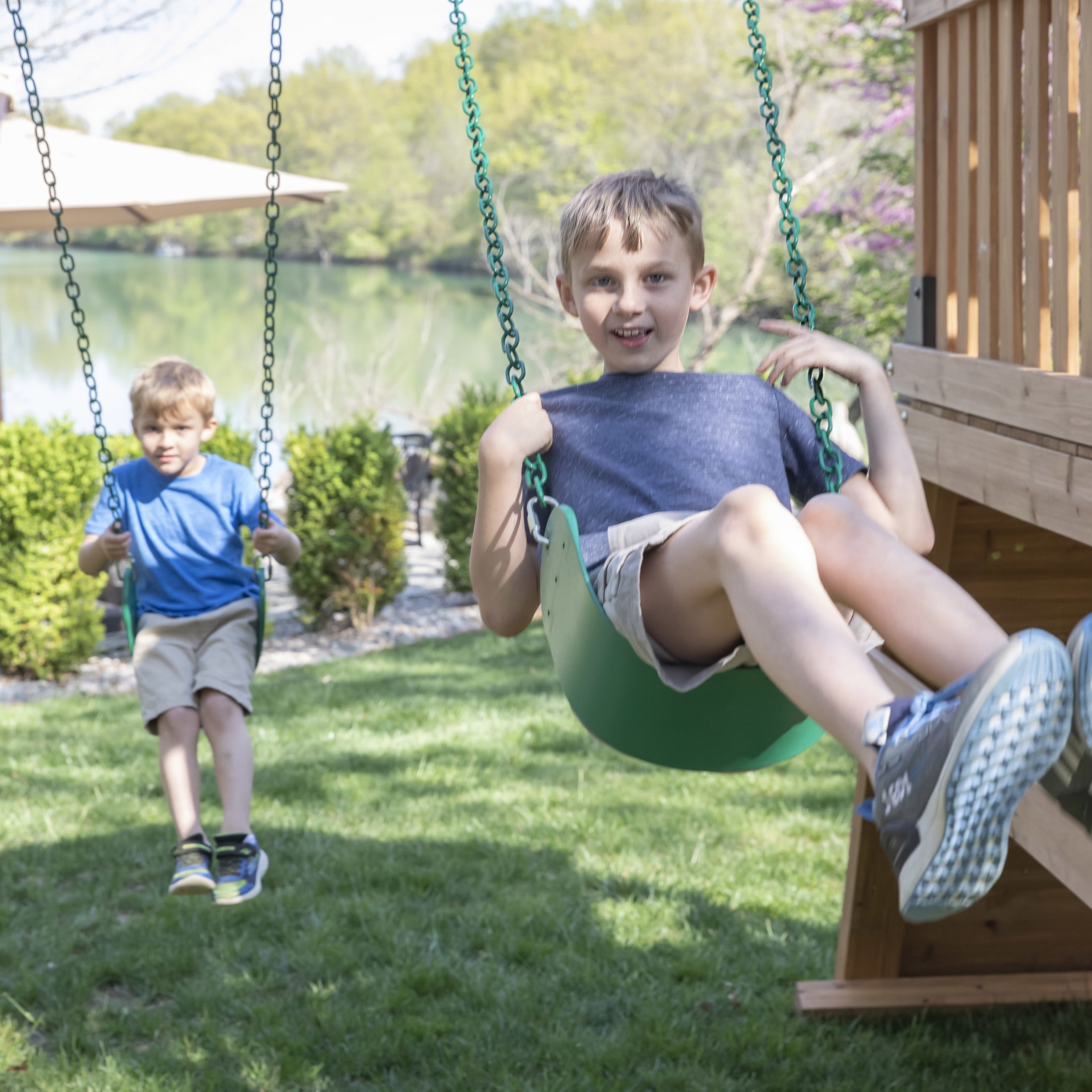 Backyard Discovery Endeavor II Cedar Wood Swing Set with Slide, Play Deck, and Double Rock Wall (Light Brown) cb9zs