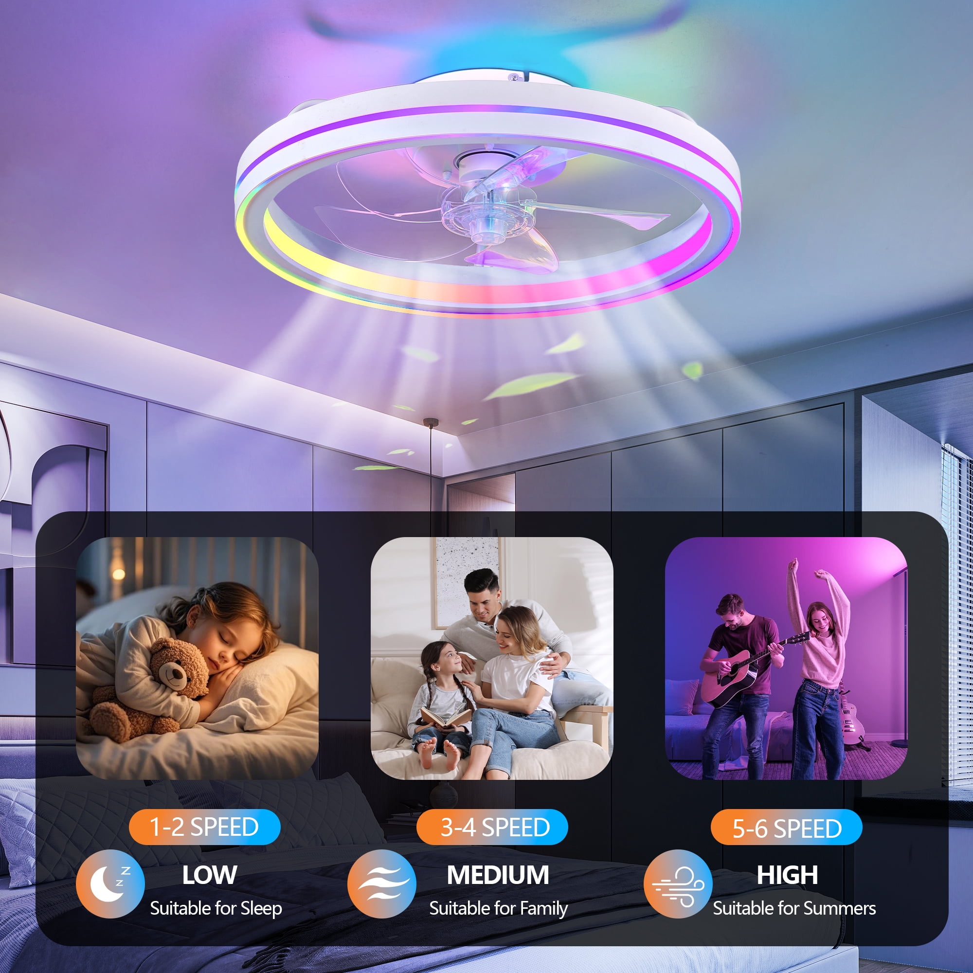 MQJIAZHI 19-inch RGB Bladeless Ceiling Fan with Light, Modern Flush Mount Fandelier with Remote and App Control (19 in) bj7uo