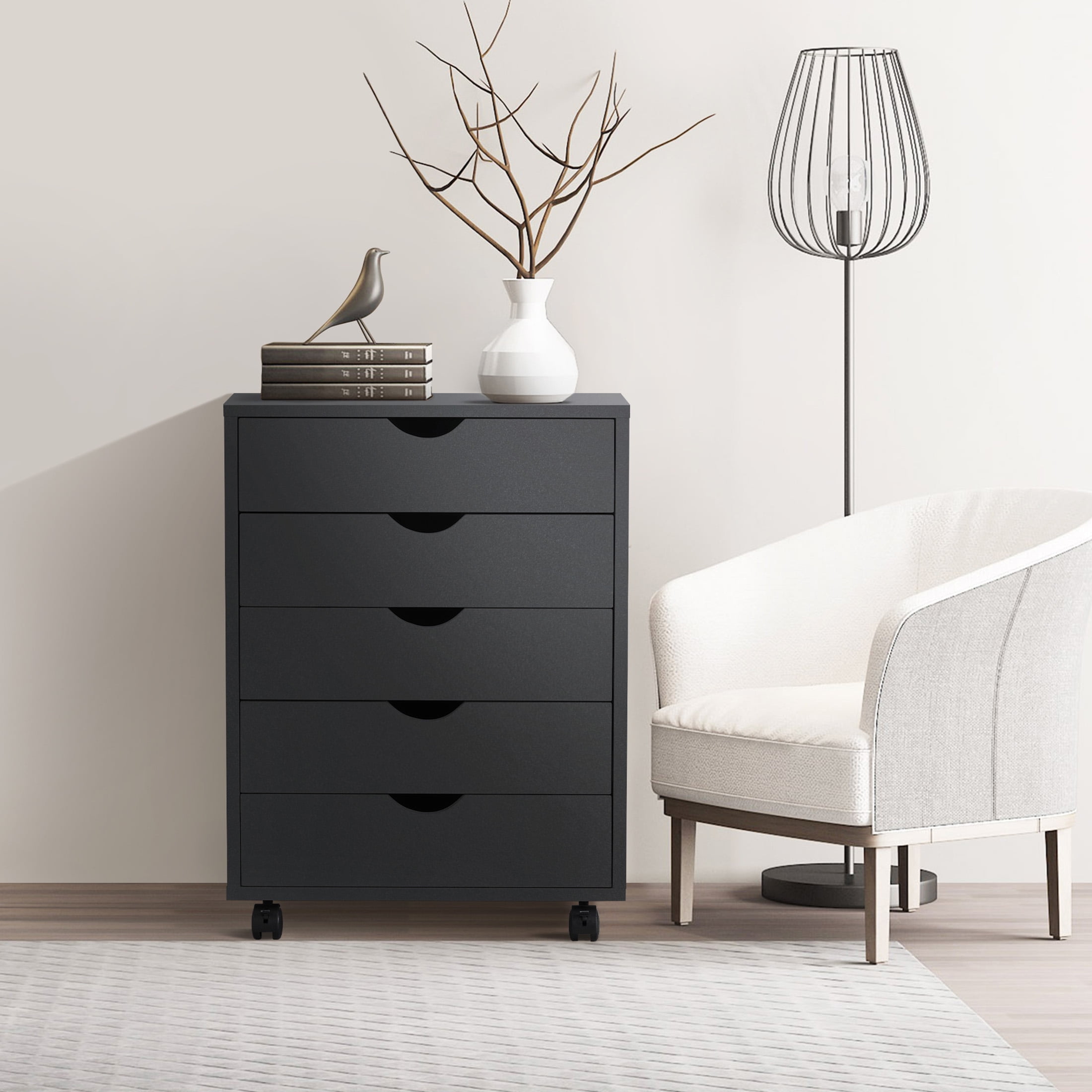 CONCETTA 5-Drawer File Cabinet, Lateral Filing Under Desk Storage Organizer with Wheels (Black) fj3lf