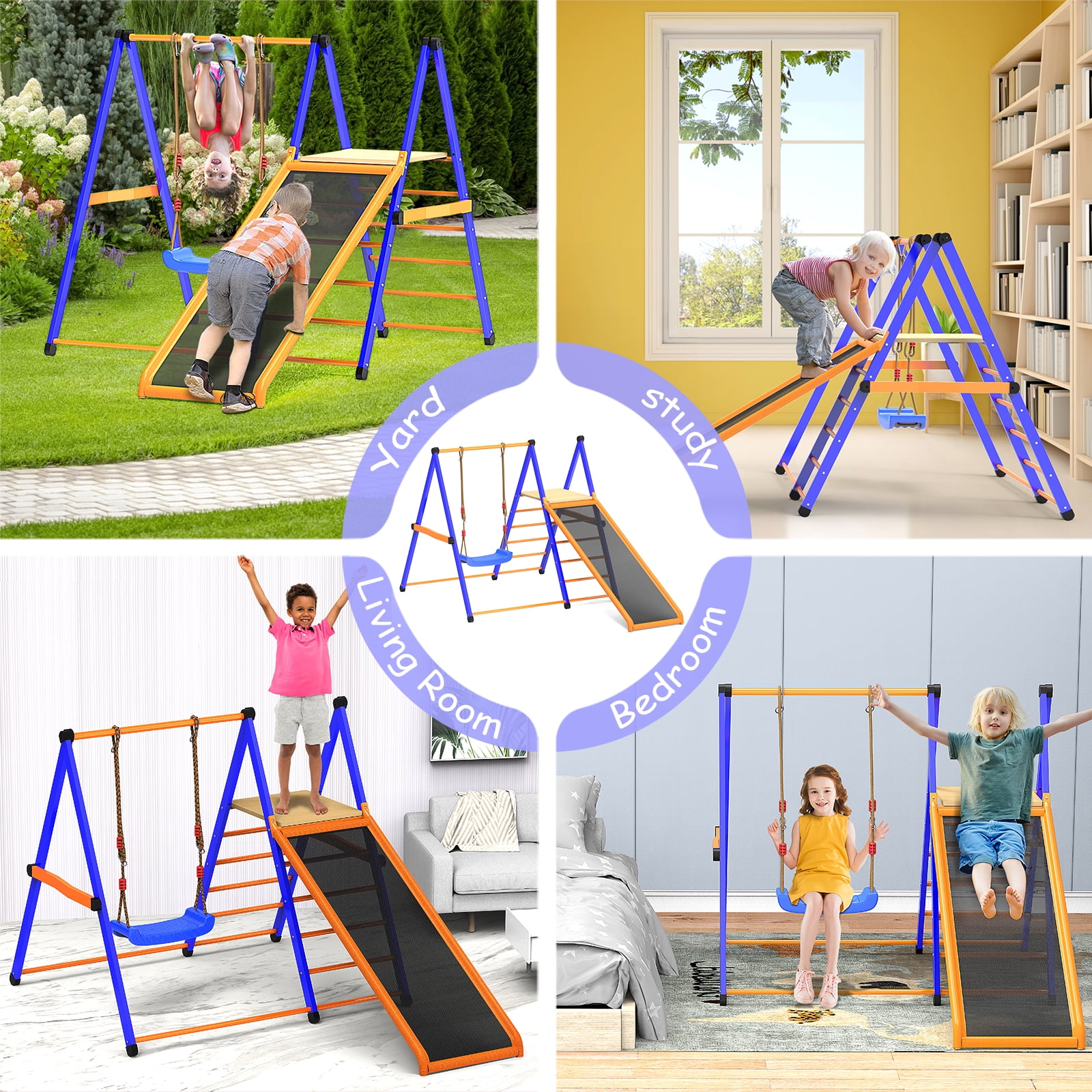 XIEWEI 4-in-1 Indoor Jungle Gym Playset with Swing and Slide, Durable Metal Climber for Kids (Blue, 400 lb Capacity) 39wmj