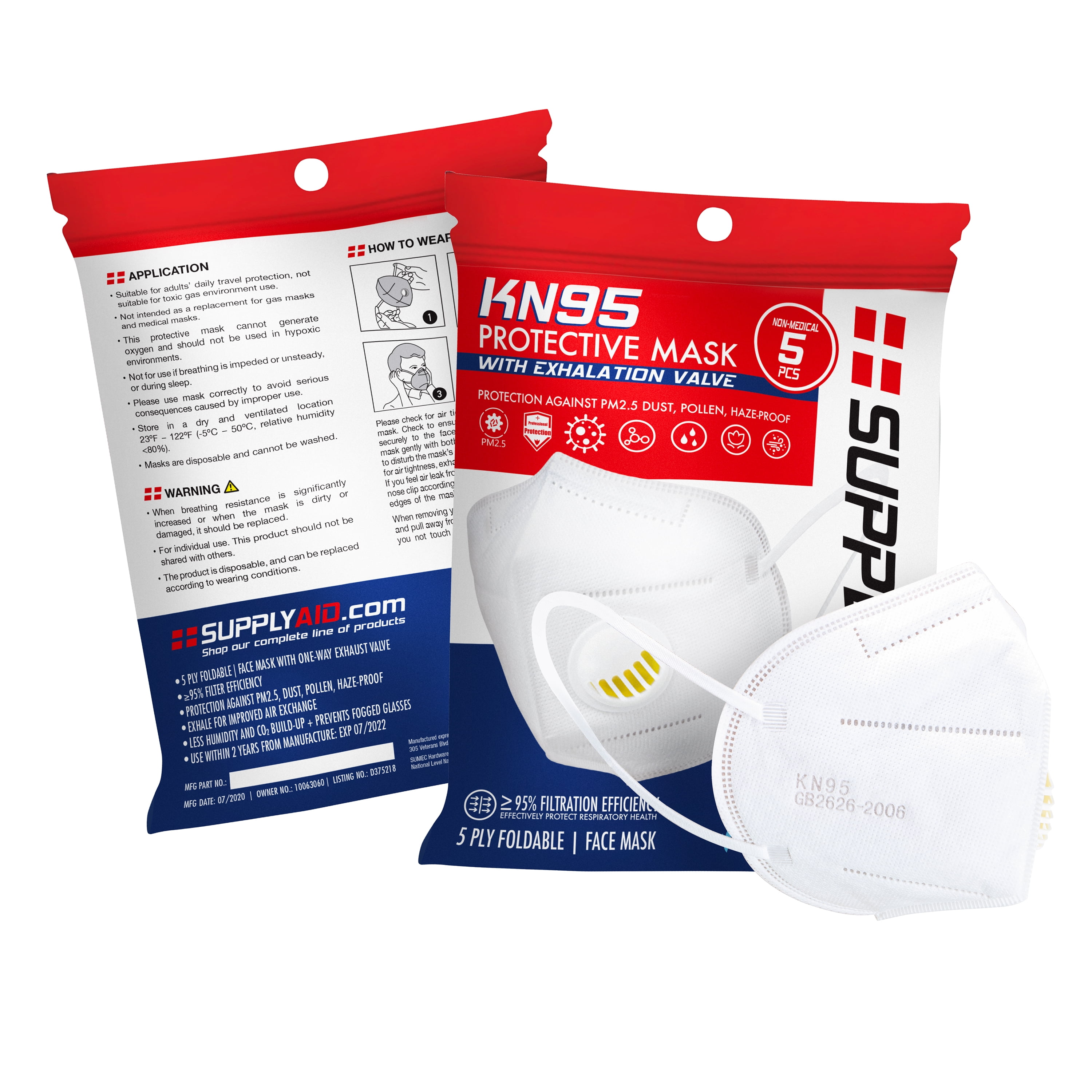 SupplyAID KN95 Protective Face Mask with Exhalation Vent (White, 5-Pack) 9qo6e