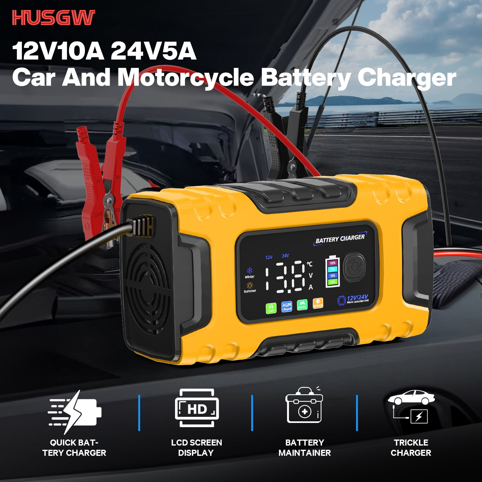 HUSGW Smart Car Battery Charger 12V 10A/24V 5A Automatic Trickle Maintainer for Lead-Acid and LiFePO4 (Yellow) 3qr0f