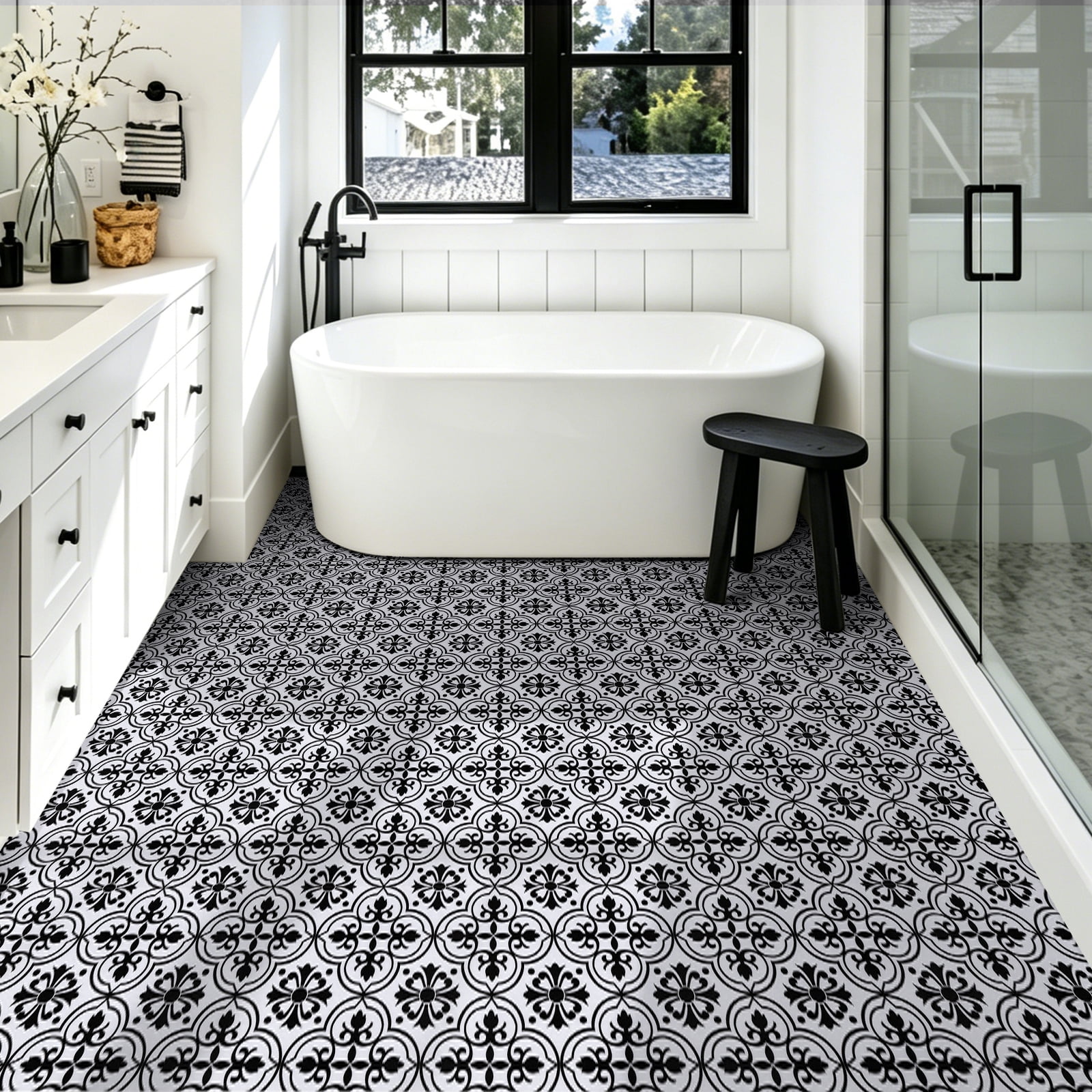 Abyssaly Peel and Stick Vinyl Flooring Tile, Waterproof Self-Adhesive Decorative Floor Covering for Kitchen and Bathroom (Black and White Flower, 15.7 in x 157.5 in) x09m8
